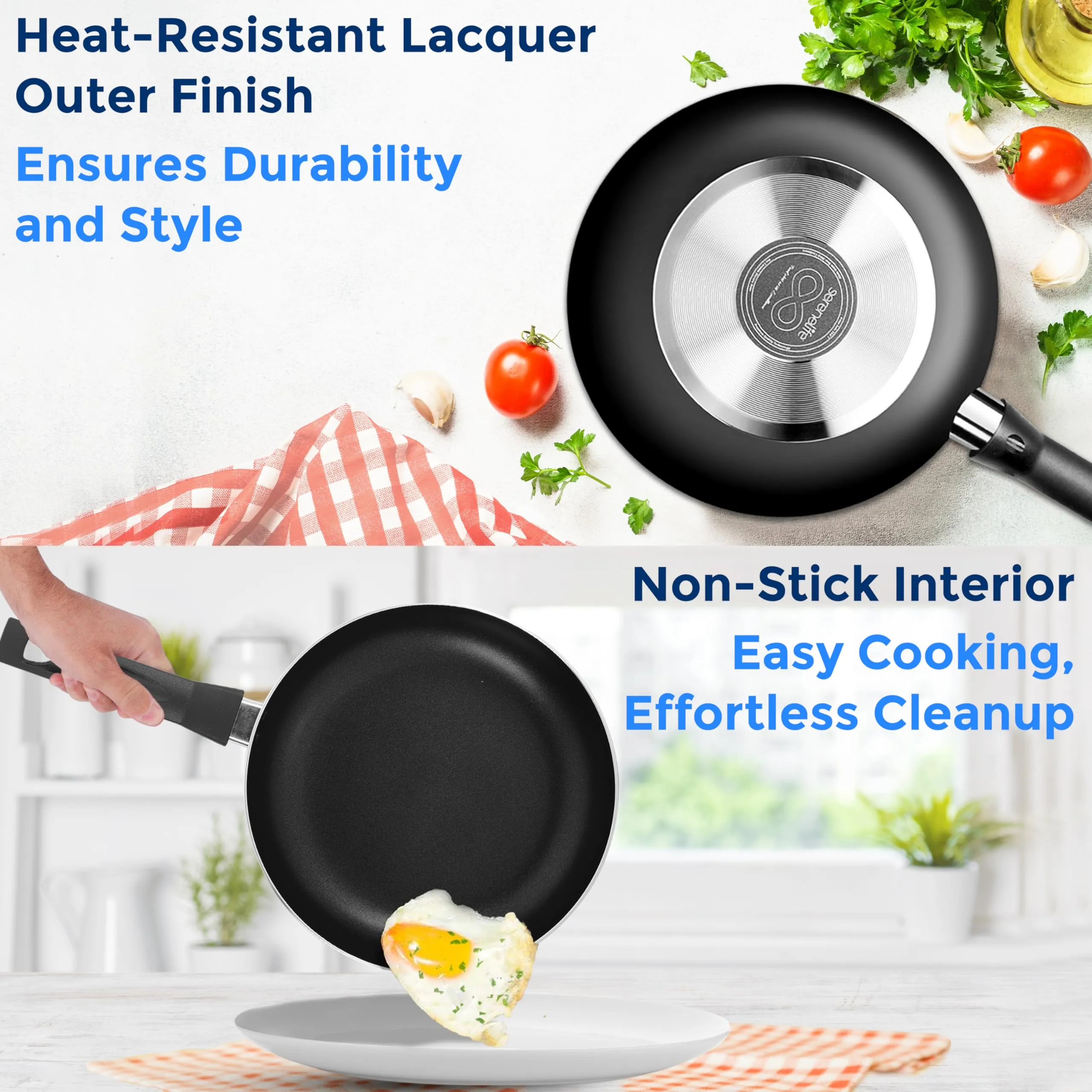 SereneLife Kitchenware Pots & Pans Basic Kitchen Cookware, Black Non-Stick Coating Inside, Heat Resistant Lacquer (15-Piece Set), One Size, Blue