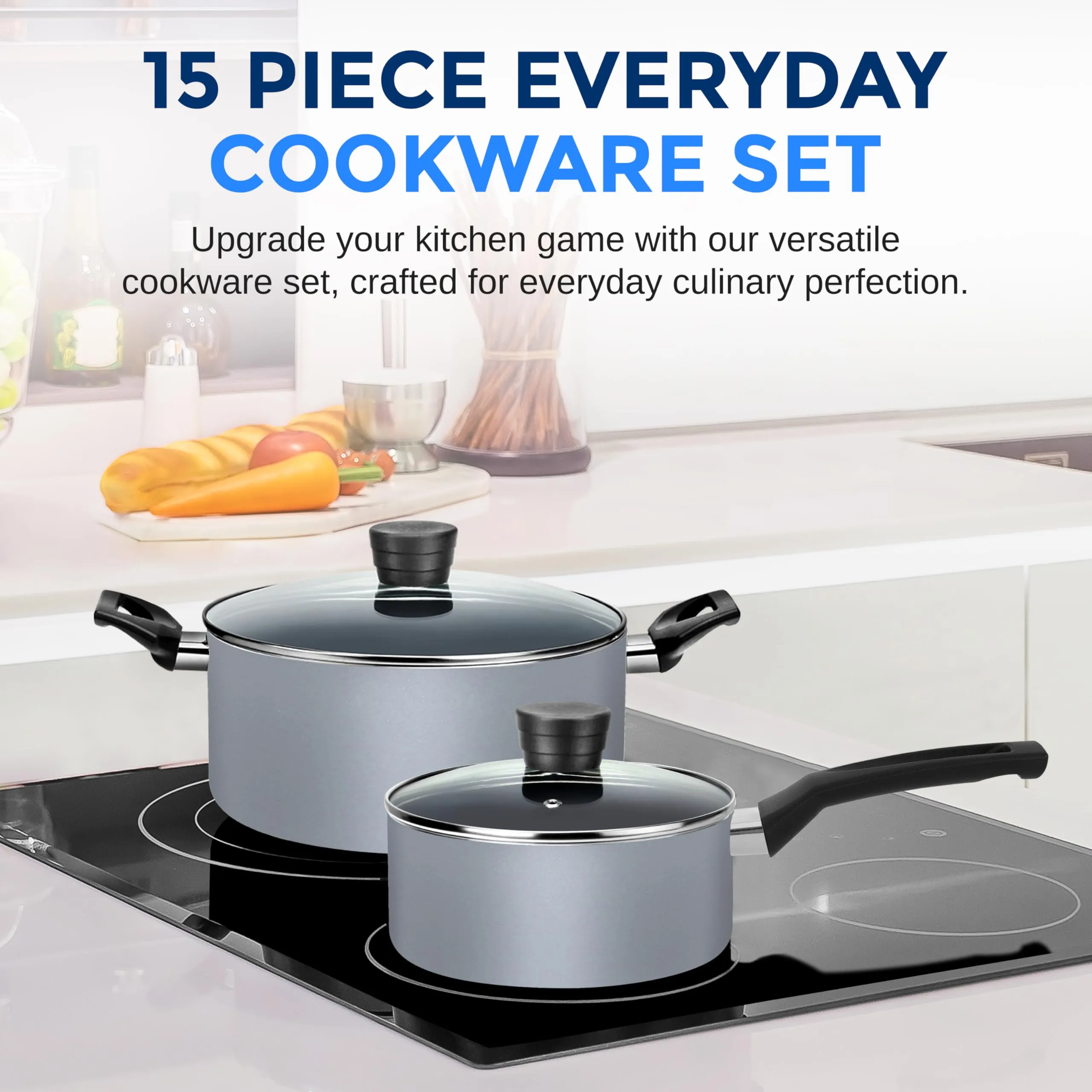 SereneLife Kitchenware Pots & Pans Basic Kitchen Cookware, Black Non-Stick Coating Inside, Heat Resistant Lacquer (15-Piece Set), One Size, Blue