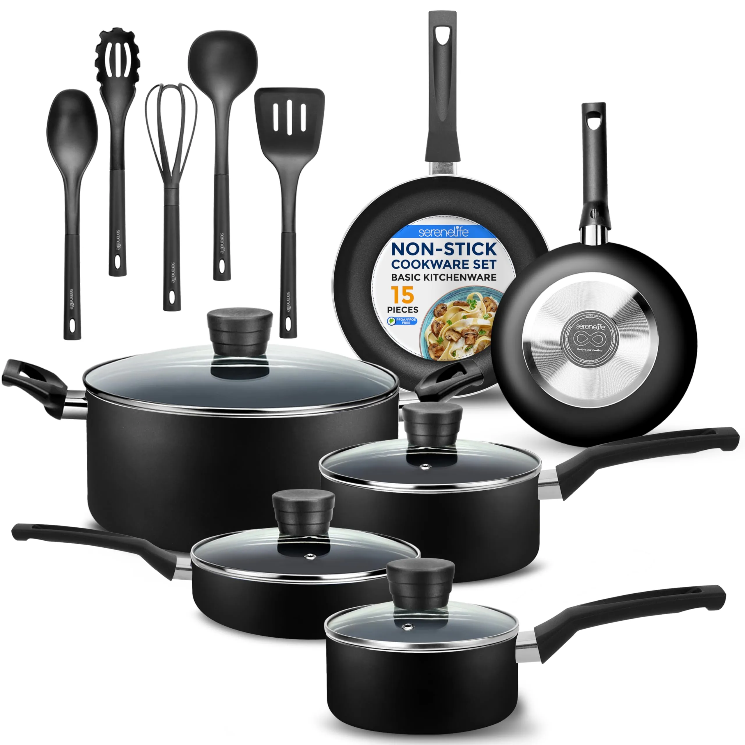 SereneLife Kitchenware Pots & Pans Basic Kitchen Cookware, Black Non-Stick Coating Inside, Heat Resistant Lacquer (15-Piece Set), One Size, Blue