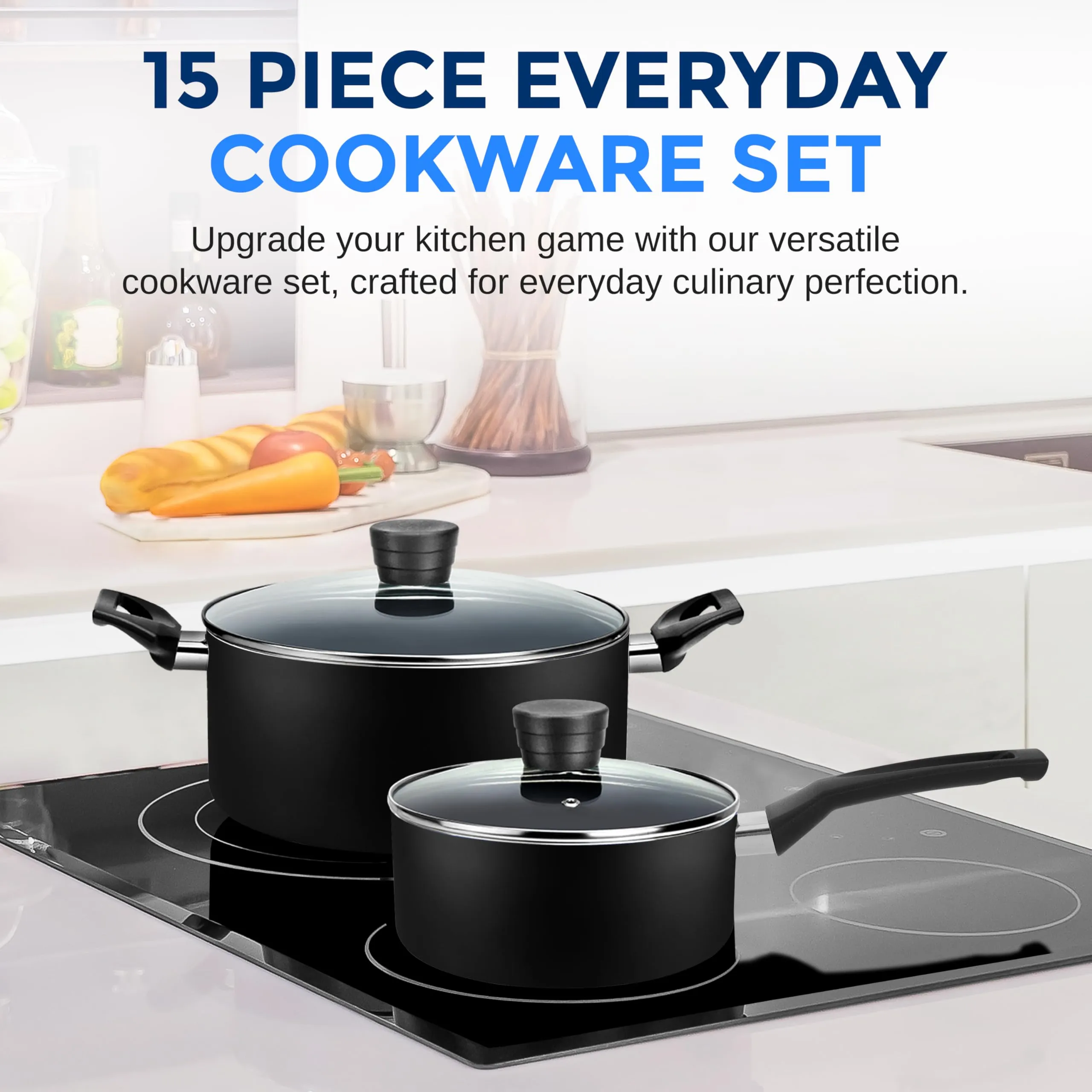 SereneLife Kitchenware Pots & Pans Basic Kitchen Cookware, Black Non-Stick Coating Inside, Heat Resistant Lacquer (15-Piece Set), One Size, Blue