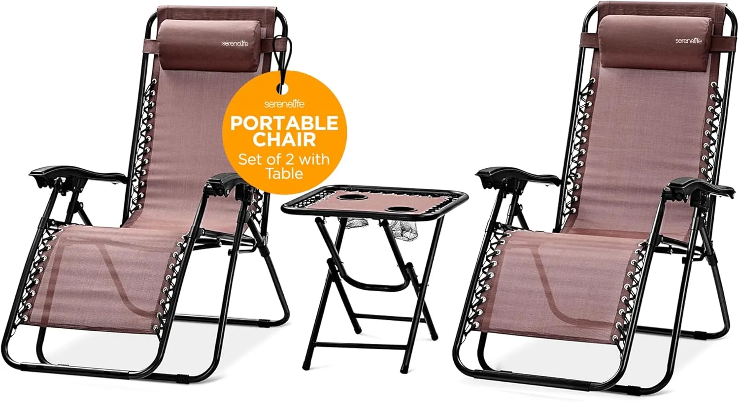 SereneLife Zero Gravity Chairs Set of 2 - Adjustable Outdoor Lounge Chairs with Side Table, Cup Holders, Removable Pillows, Folding Portable Camping Chairs for Patio, Backyard, Beach - Brown