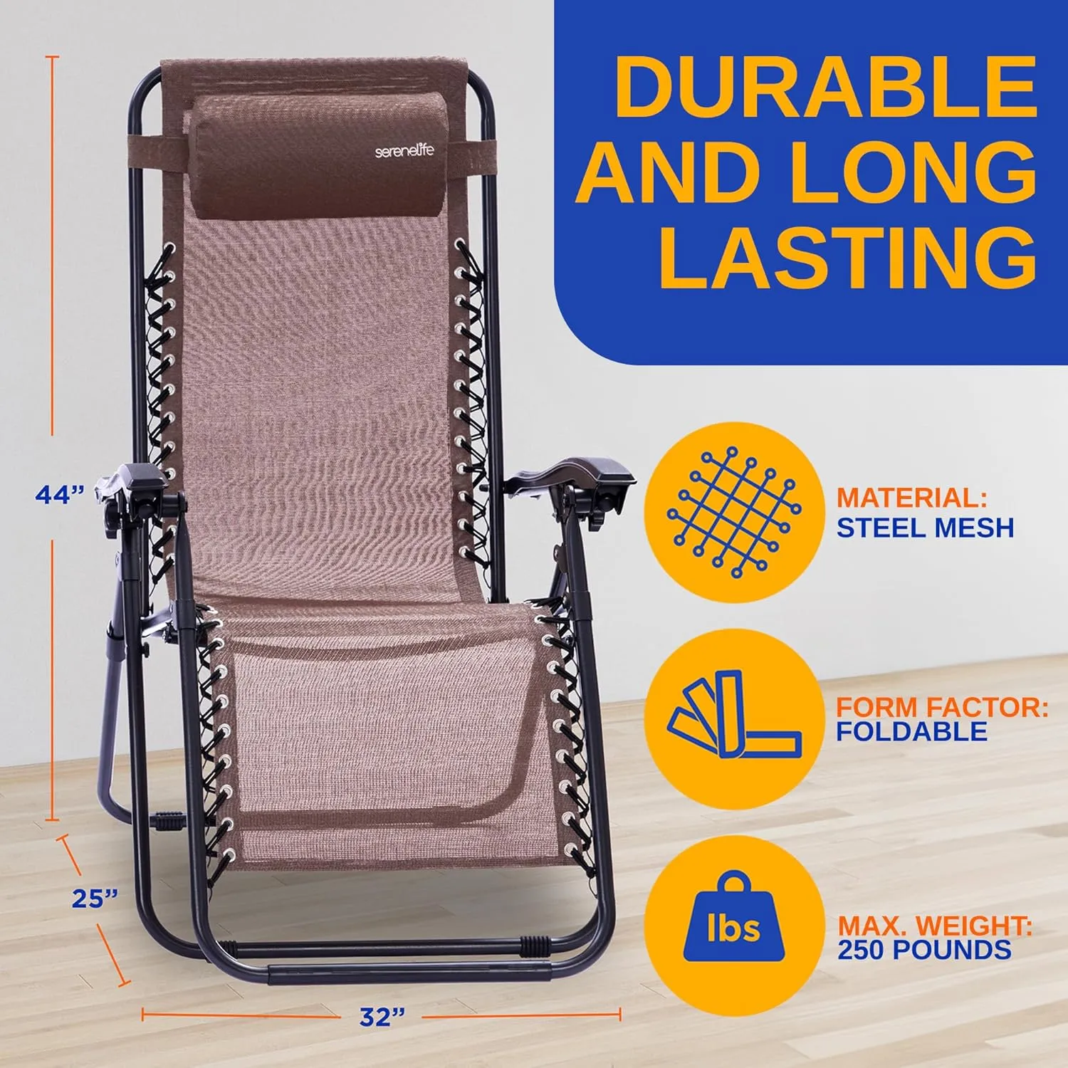 SereneLife Zero Gravity Chairs Set of 2 - Adjustable Outdoor Lounge Chairs with Side Table, Cup Holders, Removable Pillows, Folding Portable Camping Chairs for Patio, Backyard, Beach - Brown