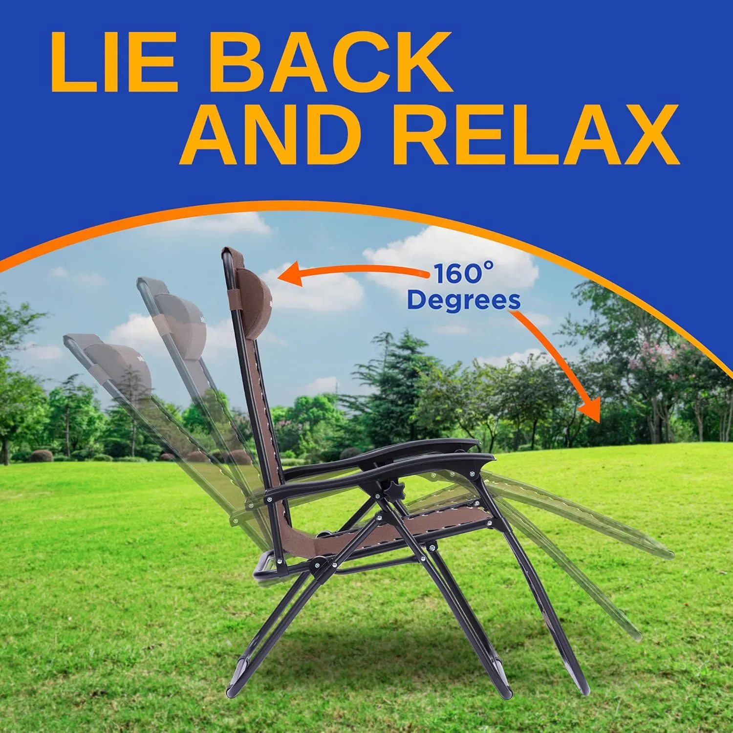 SereneLife Zero Gravity Chairs Set of 2 - Adjustable Outdoor Lounge Chairs with Side Table, Cup Holders, Removable Pillows, Folding Portable Camping Chairs for Patio, Backyard, Beach - Brown