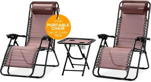 SereneLife Zero Gravity Chairs Set of 2 - Adjustable Outdoor Lounge Chairs with Side Table, Cup Holders, Removable Pillows, Folding Portable Camping Chairs for Patio, Backyard, Beach - Brown