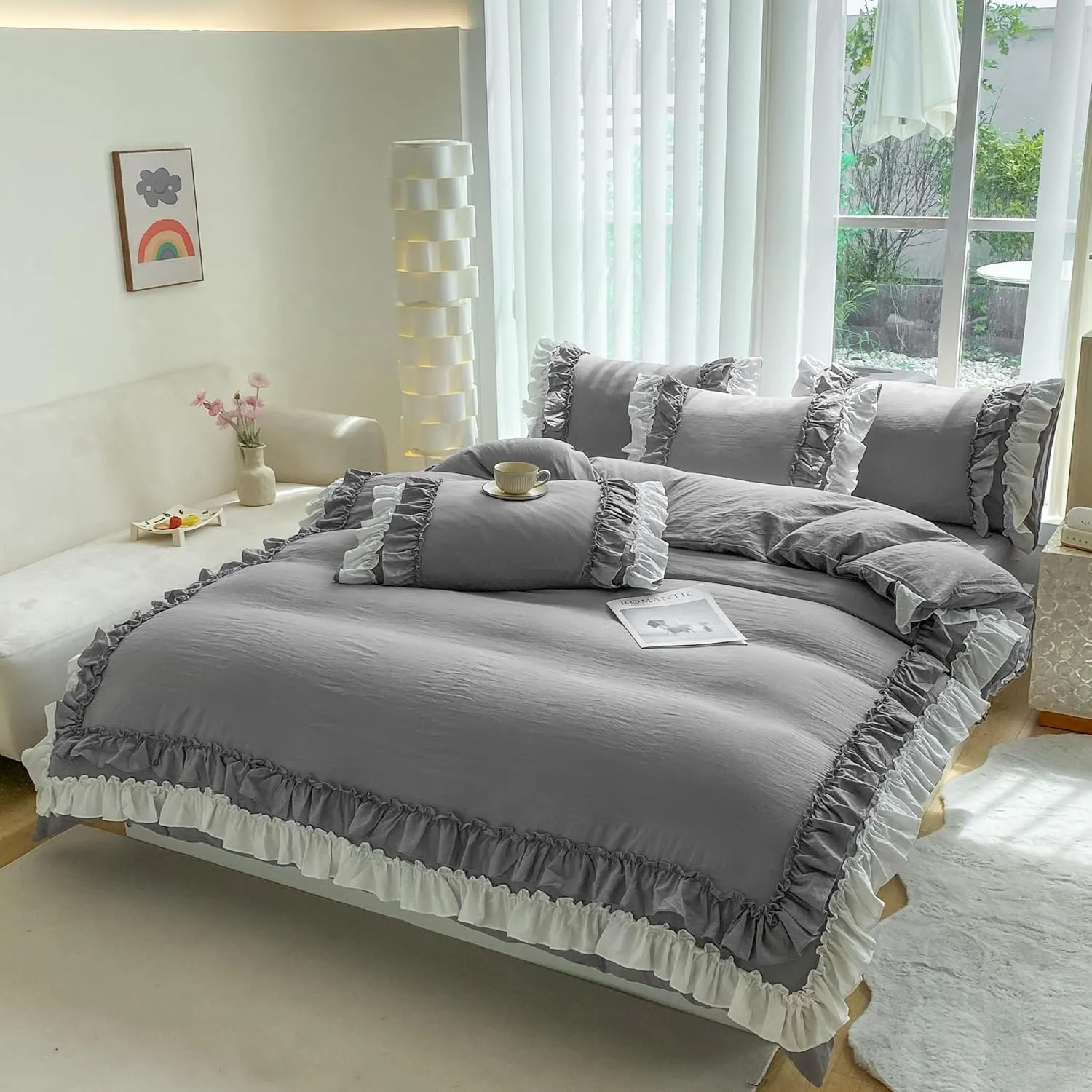 Shabby Chic 3 Pieces Bedding,Vintage Ruffled Full Duvet Cover Set with 2 Layers Ruffles,Soft Brushed Microfiber Set with Zipper Closure,Lightweight Duvet Cover Set-Gray,Full