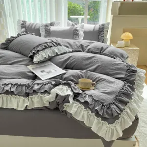 Shabby Chic 3 Pieces Bedding,Vintage Ruffled Full Duvet Cover Set with 2 Layers Ruffles,Soft Brushed Microfiber Set with Zipper Closure,Lightweight Duvet Cover Set-Gray,Full