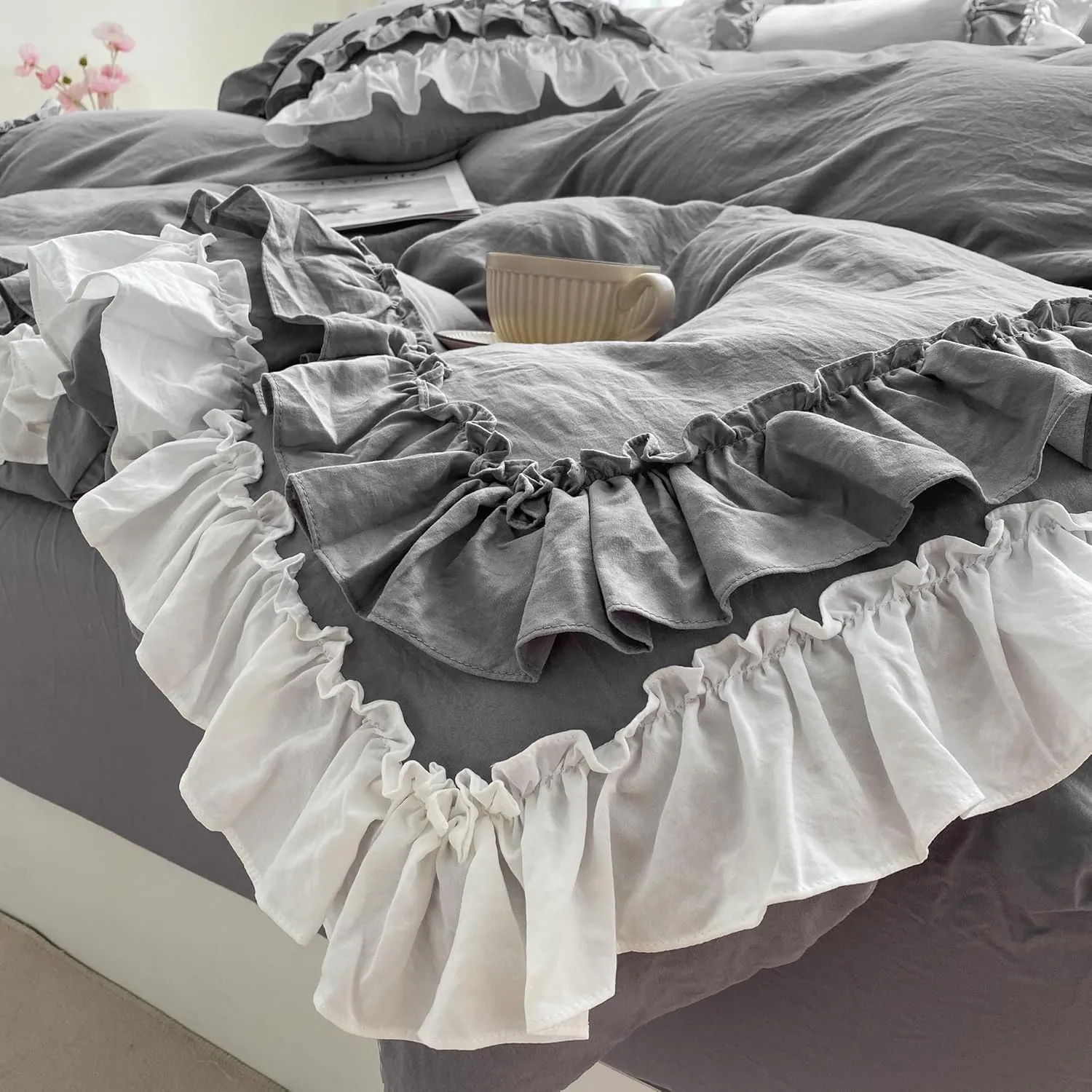 Shabby Chic 3 Pieces Bedding,Vintage Ruffled Full Duvet Cover Set with 2 Layers Ruffles,Soft Brushed Microfiber Set with Zipper Closure,Lightweight Duvet Cover Set-Gray,Full