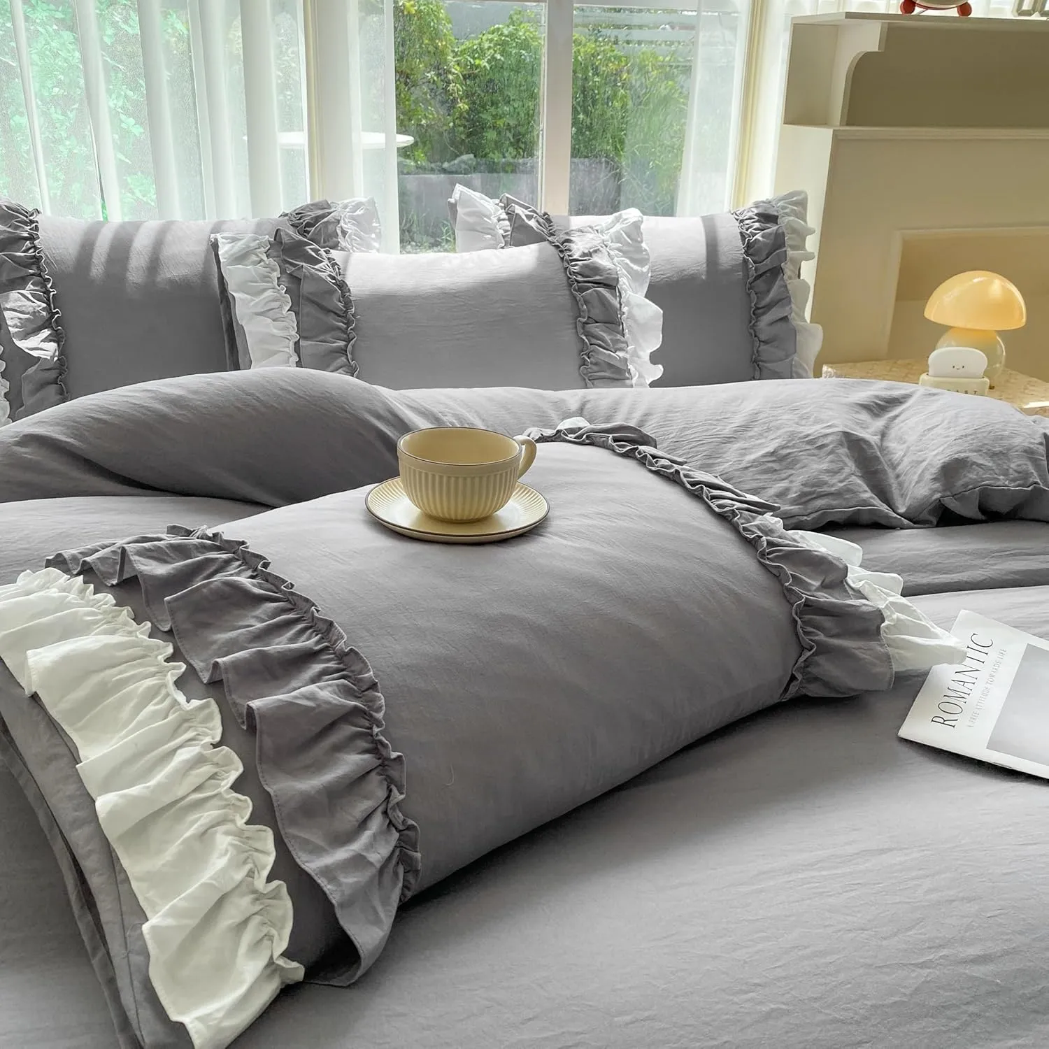 Shabby Chic 3 Pieces Bedding,Vintage Ruffled Full Duvet Cover Set with 2 Layers Ruffles,Soft Brushed Microfiber Set with Zipper Closure,Lightweight Duvet Cover Set-Gray,Full