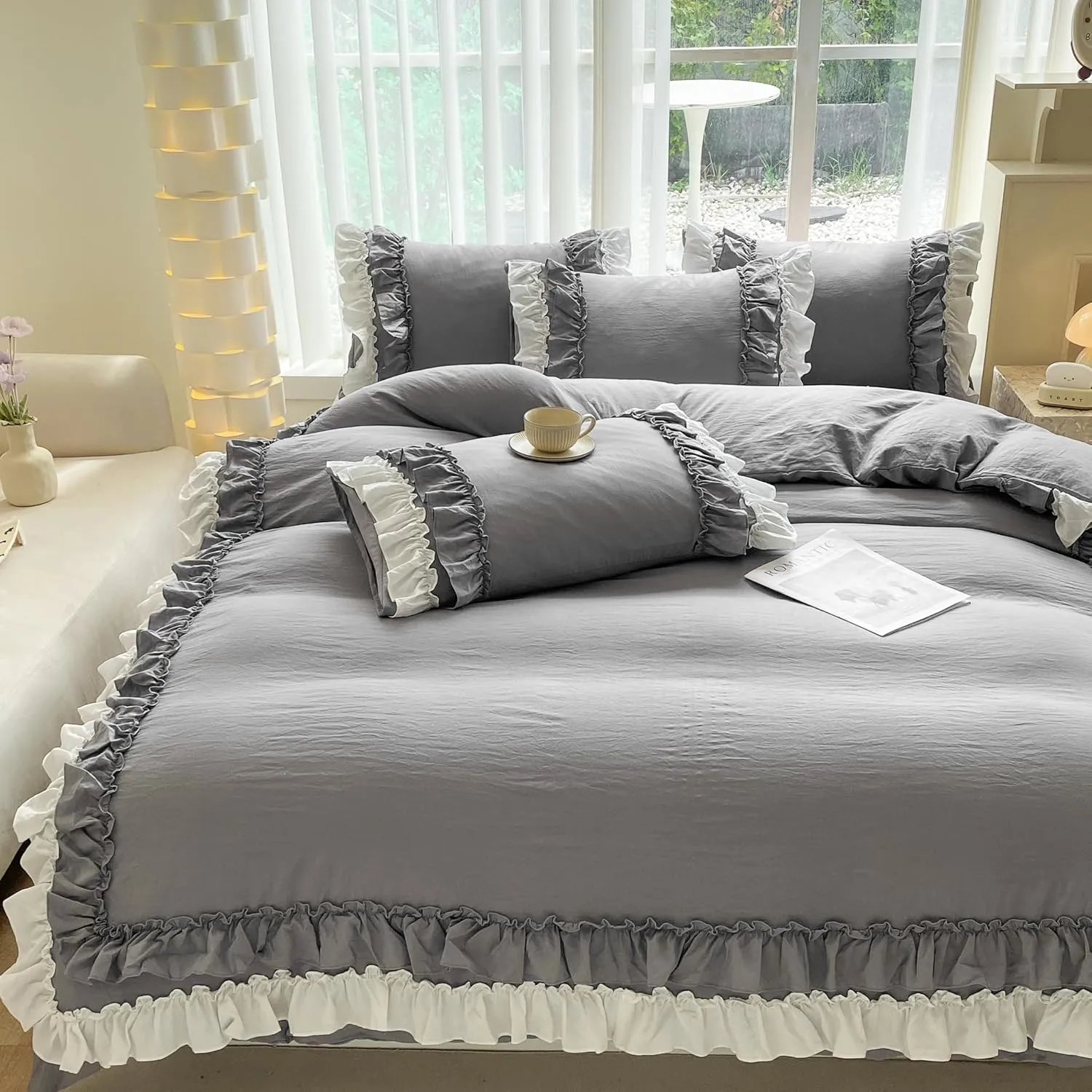Shabby Chic 3 Pieces Bedding,Vintage Ruffled Full Duvet Cover Set with 2 Layers Ruffles,Soft Brushed Microfiber Set with Zipper Closure,Lightweight Duvet Cover Set-Gray,Full