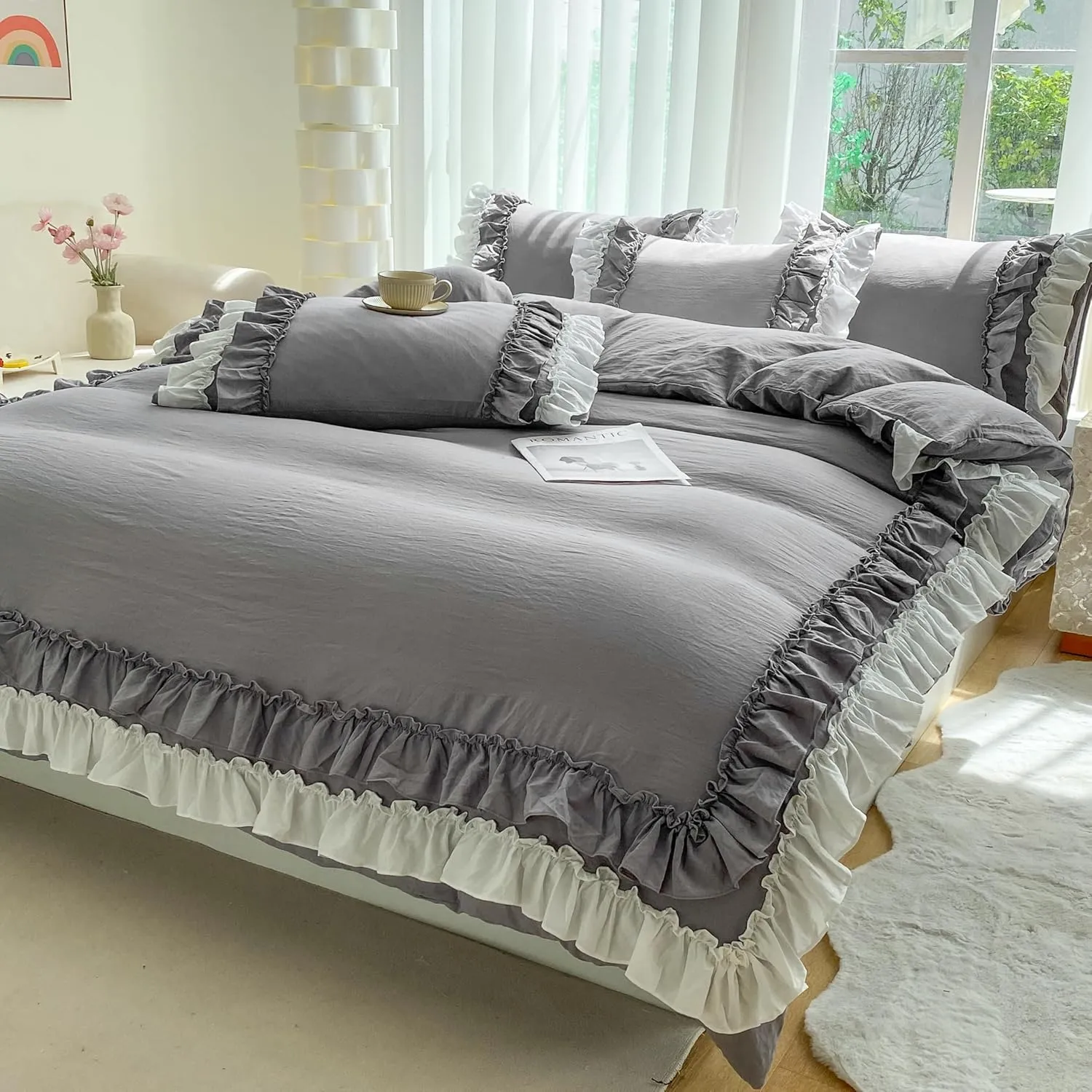 Shabby Chic 3 Pieces Bedding,Vintage Ruffled Full Duvet Cover Set with 2 Layers Ruffles,Soft Brushed Microfiber Set with Zipper Closure,Lightweight Duvet Cover Set-Gray,Full