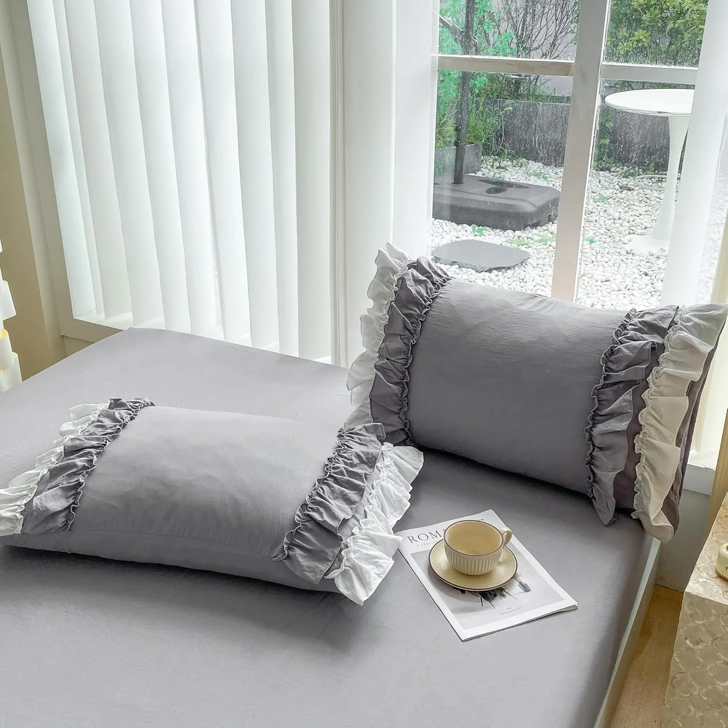 Shabby Chic 3 Pieces Bedding,Vintage Ruffled Full Duvet Cover Set with 2 Layers Ruffles,Soft Brushed Microfiber Set with Zipper Closure,Lightweight Duvet Cover Set-Gray,Full