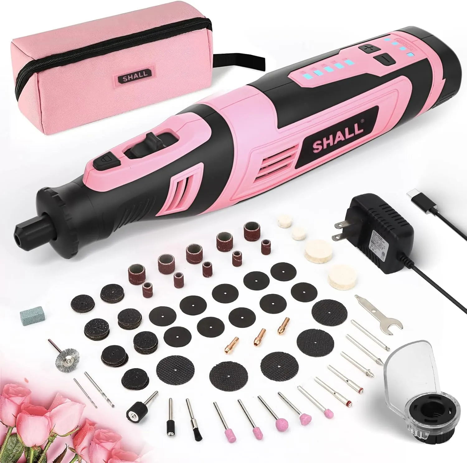 SHALL 8V Cordless Rotary Tool Kit, Pink Lightweight 2.5 Ah Battery Rechargeable Rotary Tool w/ 121 Accessories, 5-Speed Power Rotary Tool for Sanding, Carving, Polishing, Engraving, Pet Grooming