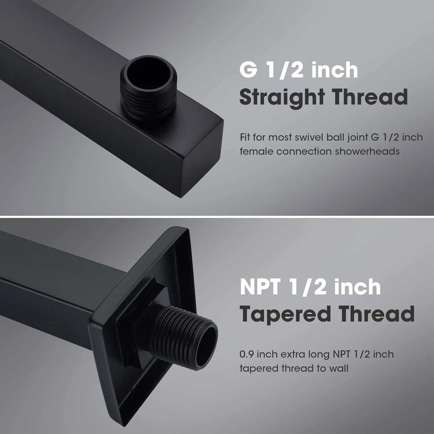 Shower Arm with Flange, 16 inch Wall Mounted Rainfall Shower Head Extension Arm, Square 304 Stainless Steel Shower Extender Tube, Matte Balck