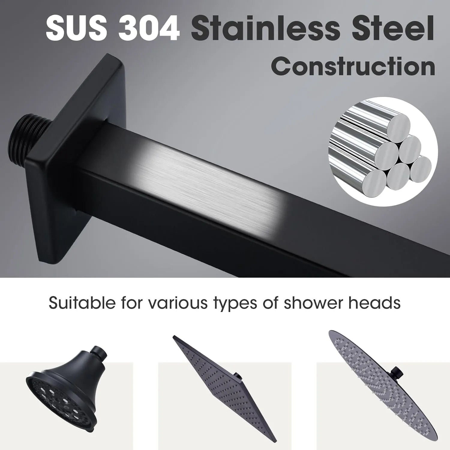 Shower Arm with Flange, 16 inch Wall Mounted Rainfall Shower Head Extension Arm, Square 304 Stainless Steel Shower Extender Tube, Matte Balck