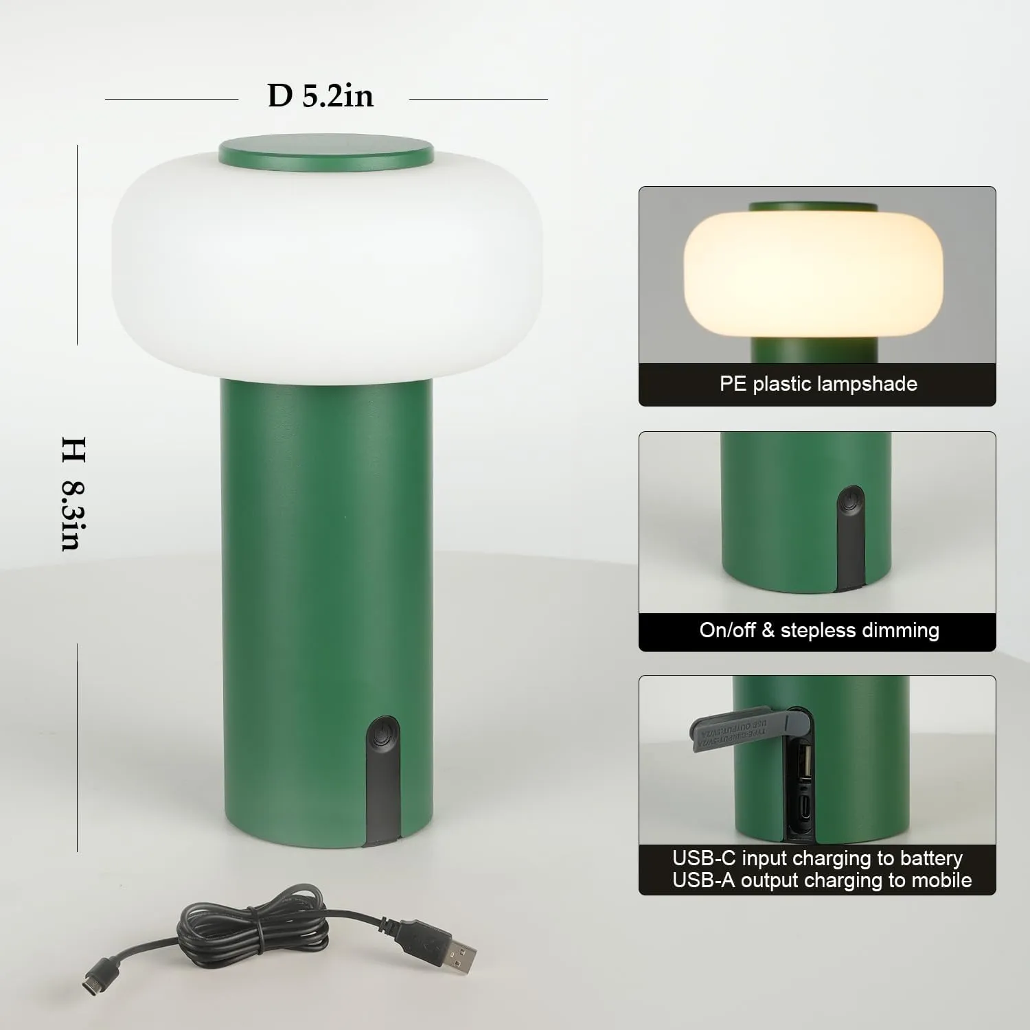 Shower Lamp Waterproof, Outdoor Cordless Table Lamp Rechargeable, Portable Battery Operated Light, Touch Dimmable Night Light for Bedroom/Patio/Dinning/Camping (Green)