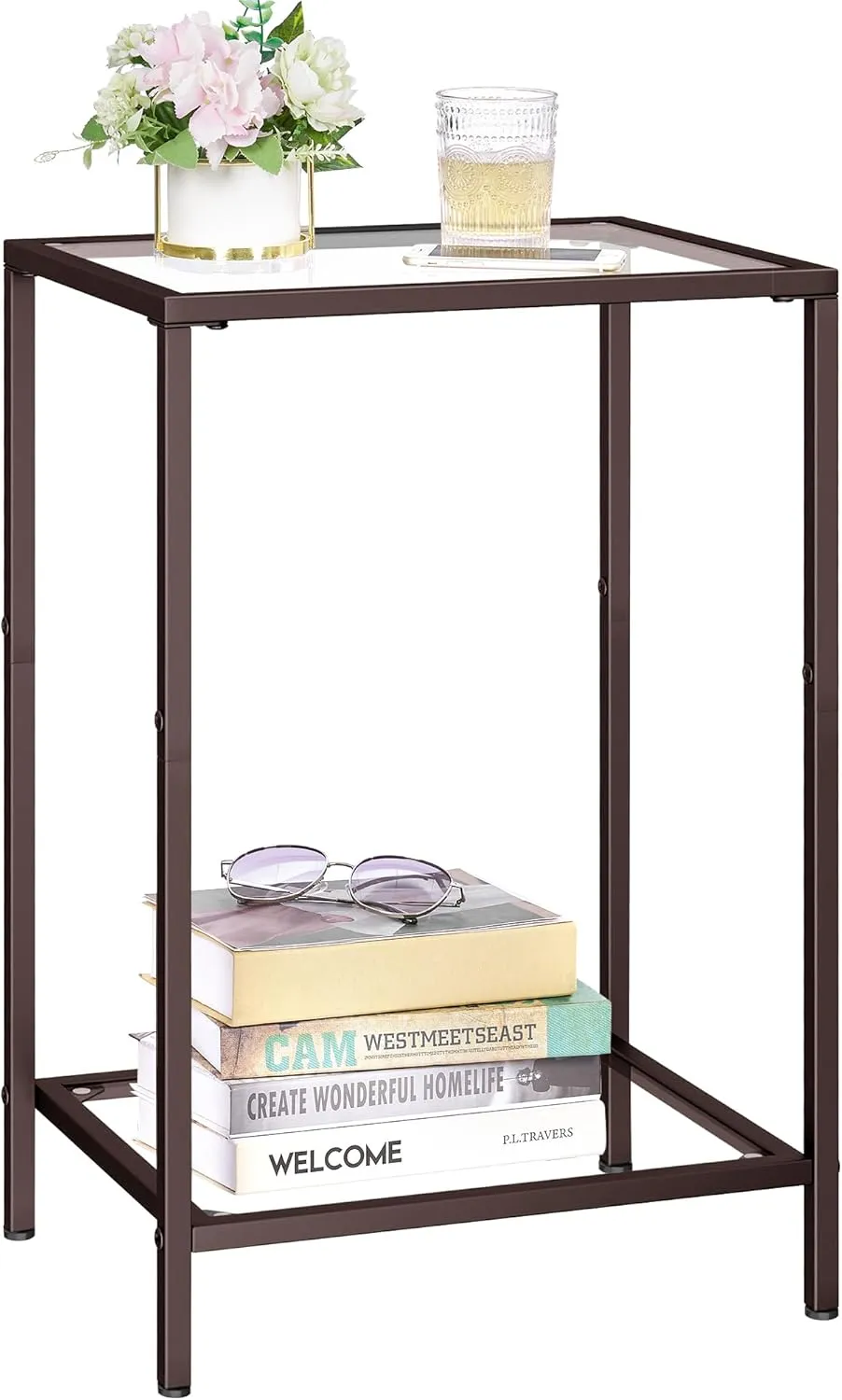 Side Tables Set of 2, End Tables with Tempered Glass, 2-Tier Nightstands with Storage Shelves, Coffee Table with Modern Style, Slim Sofa Table for Living Room, Bedroom, 11.8" D x 15" W, Brown