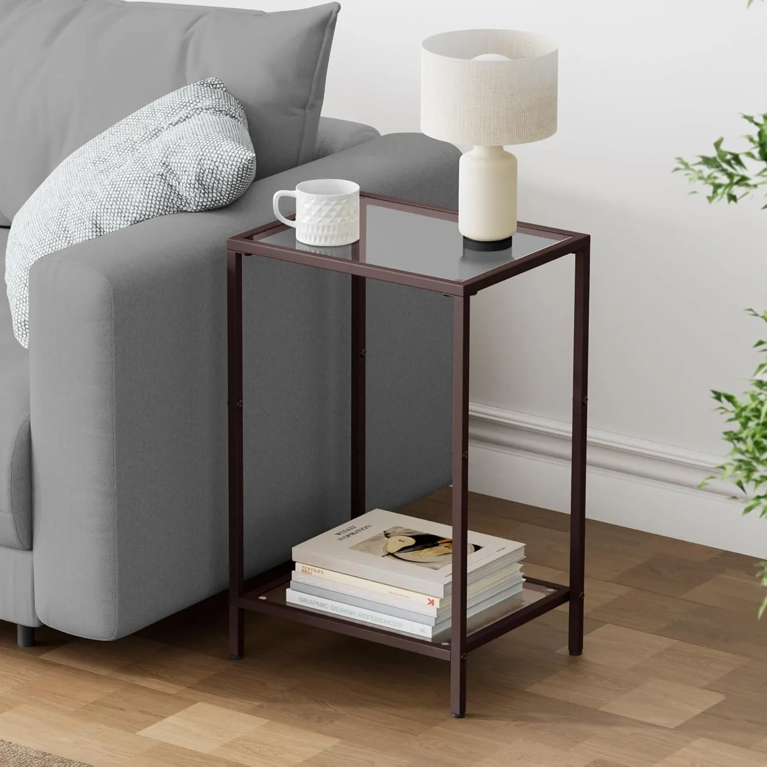 Side Tables Set of 2, End Tables with Tempered Glass, 2-Tier Nightstands with Storage Shelves, Coffee Table with Modern Style, Slim Sofa Table for Living Room, Bedroom, 11.8" D x 15" W, Brown