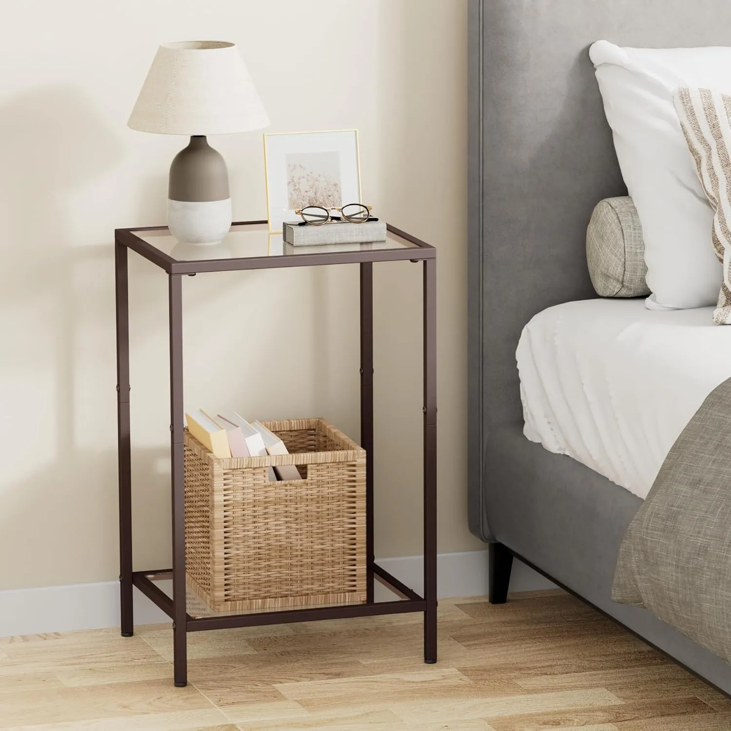 Side Tables Set of 2, End Tables with Tempered Glass, 2-Tier Nightstands with Storage Shelves, Coffee Table with Modern Style, Slim Sofa Table for Living Room, Bedroom, 11.8" D x 15" W, Brown