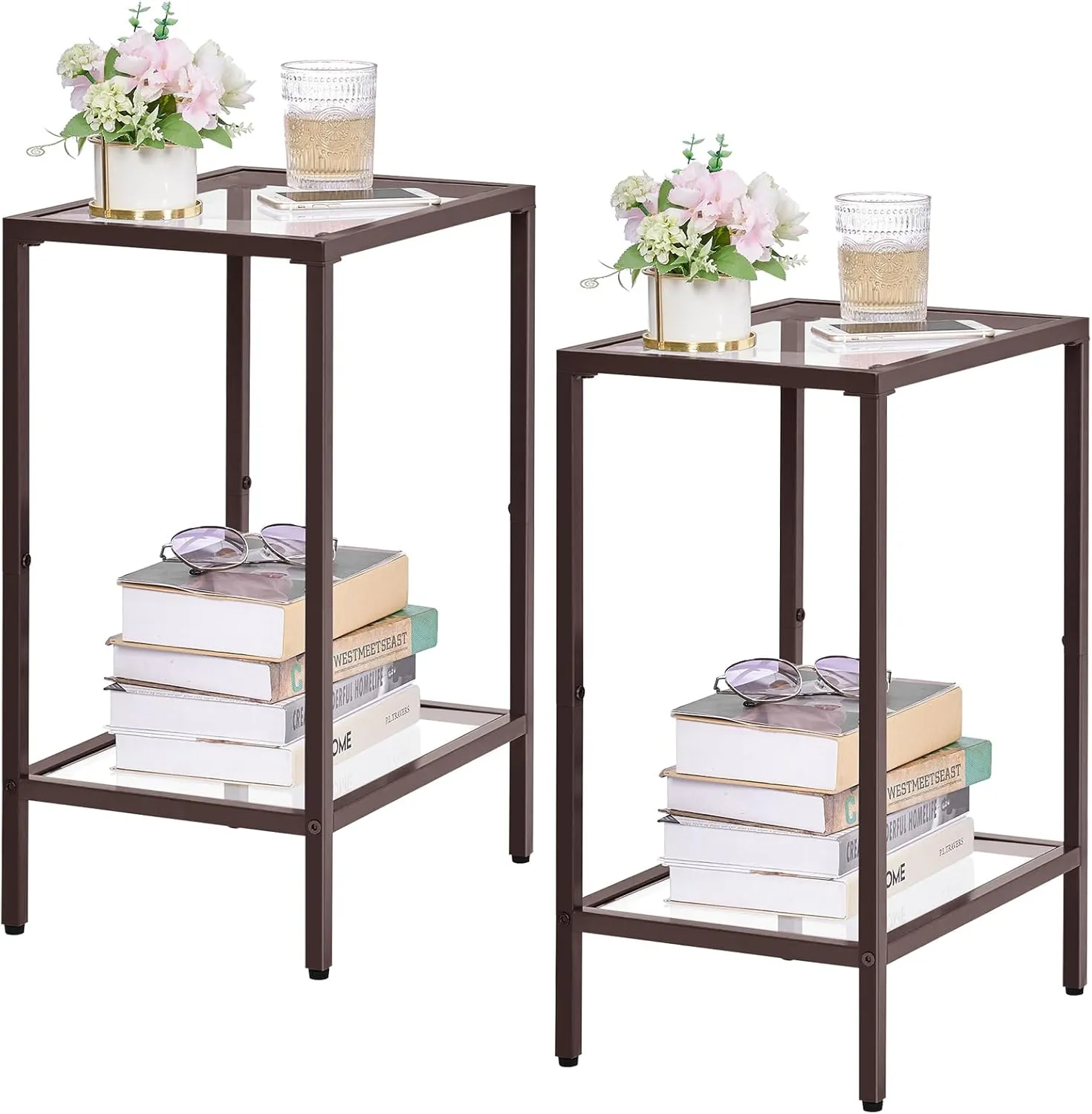 Side Tables Set of 2, End Tables with Tempered Glass, 2-Tier Nightstands with Storage Shelves, Coffee Table with Modern Style, Slim Sofa Table for Living Room, Bedroom, 11.8" D x 15" W, Brown