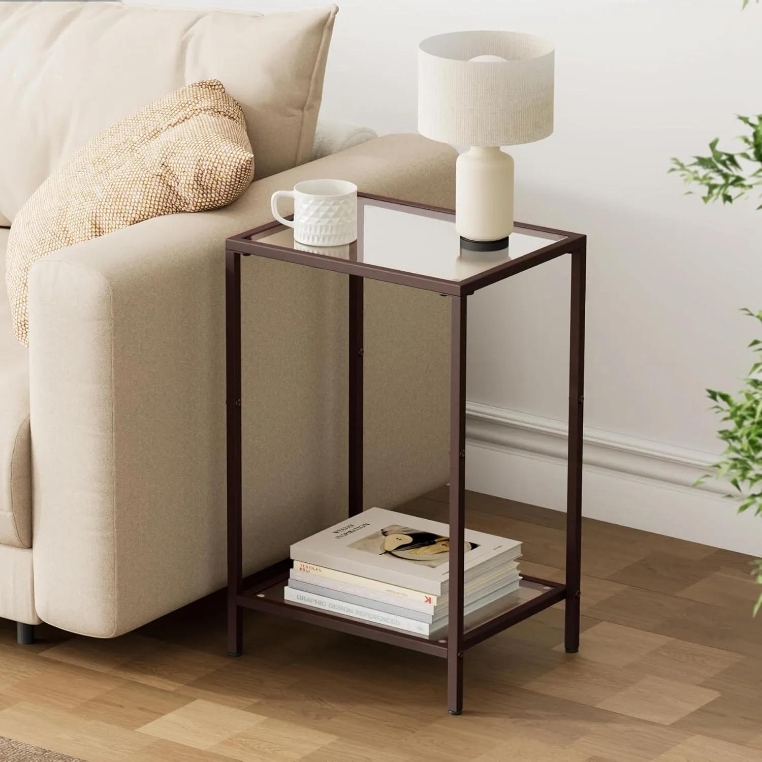 Side Tables Set of 2, End Tables with Tempered Glass, 2-Tier Nightstands with Storage Shelves, Coffee Table with Modern Style, Slim Sofa Table for Living Room, Bedroom, 11.8" D x 15" W, Brown