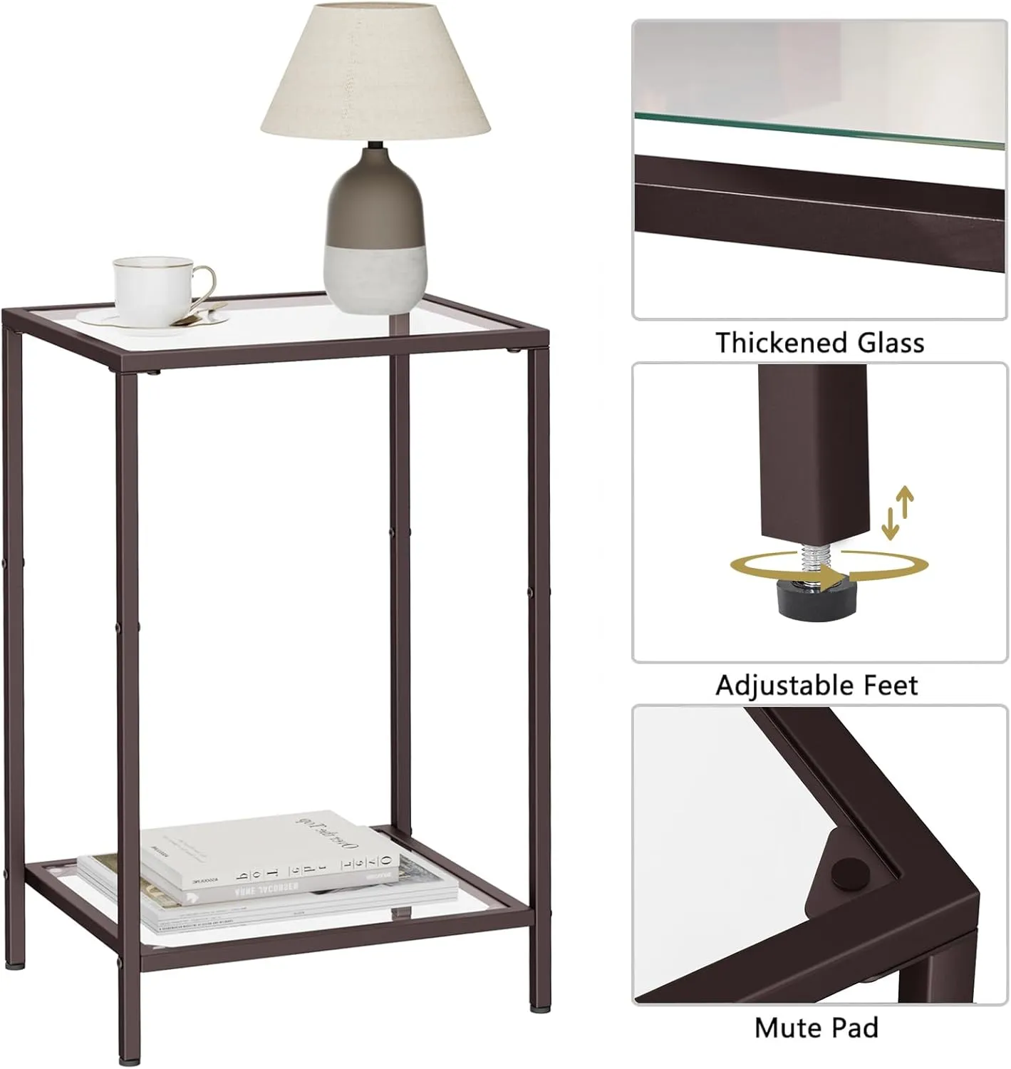 Side Tables Set of 2, End Tables with Tempered Glass, 2-Tier Nightstands with Storage Shelves, Coffee Table with Modern Style, Slim Sofa Table for Living Room, Bedroom, 11.8" D x 15" W, Brown