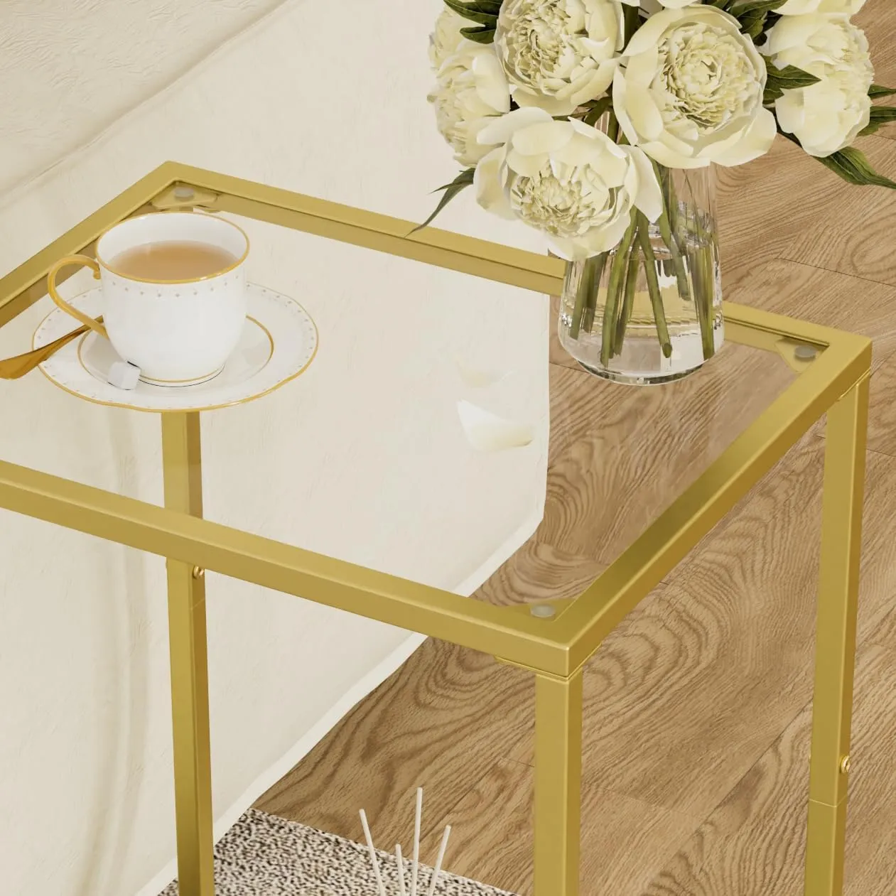 Side Tables Set of 2, End Tables with Tempered Glass, 2-Tier Nightstands with Storage Shelves, Coffee Table with Modern Style, Slim Sofa Table for Living Room, Bedroom, 11.8" D x 15" W, Golden
