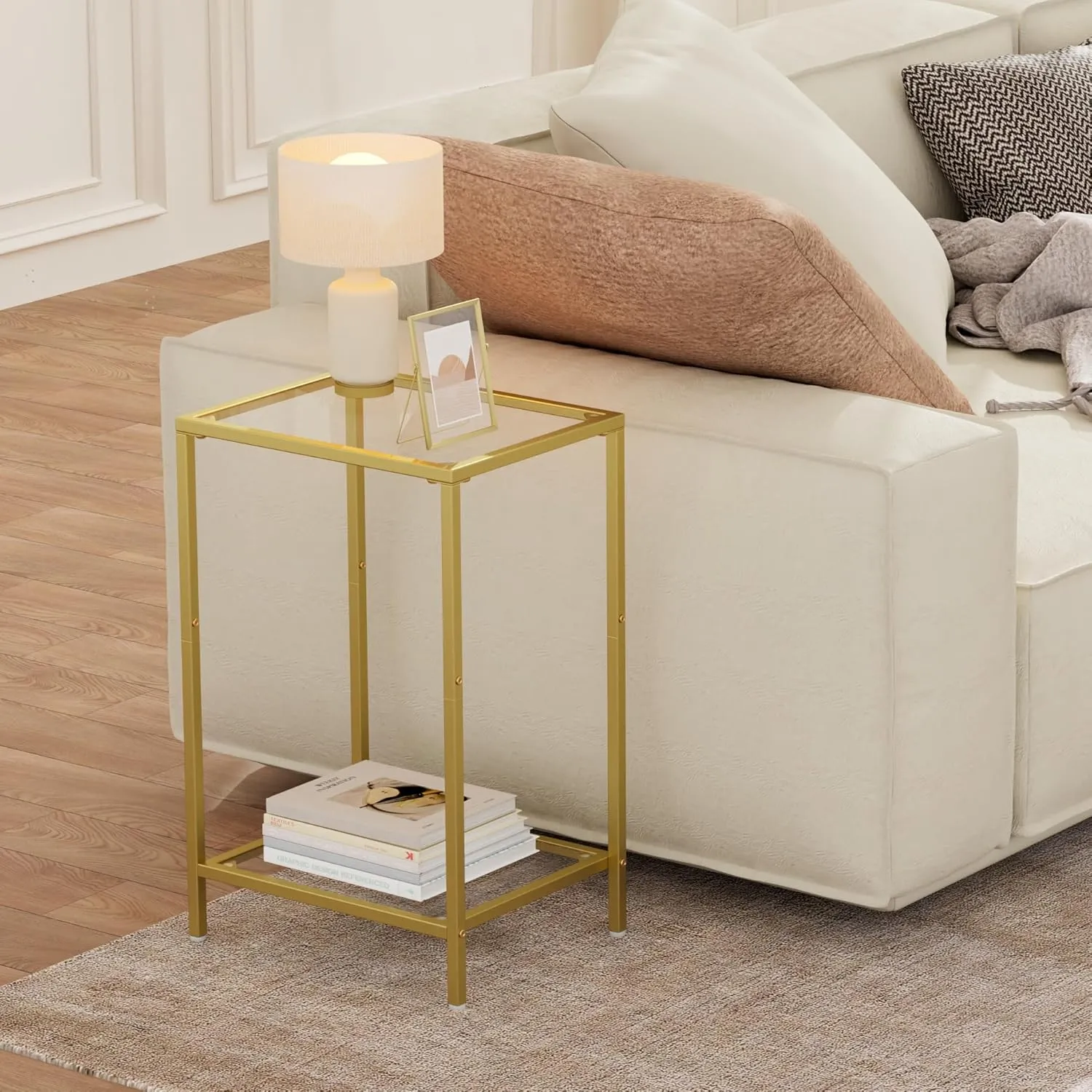 Side Tables Set of 2, End Tables with Tempered Glass, 2-Tier Nightstands with Storage Shelves, Coffee Table with Modern Style, Slim Sofa Table for Living Room, Bedroom, 11.8" D x 15" W, Golden