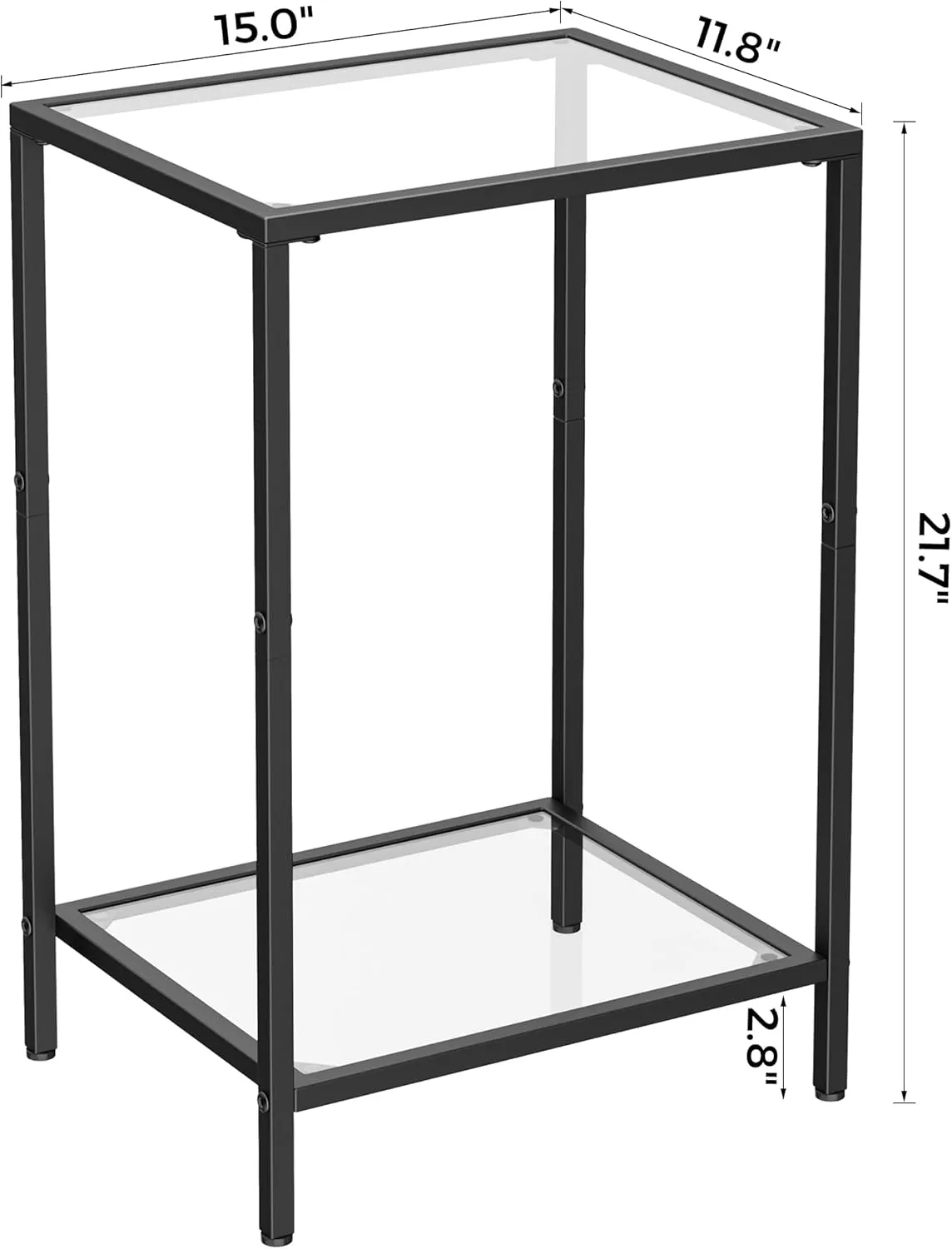 Side Tables Set of 2, End Tables with Tempered Glass, 2-Tier Nightstands with Storage Shelves, Slim Sofa Tables for Living Room, Bedroom, Modern Style, 11.8" D x 15" W, Black