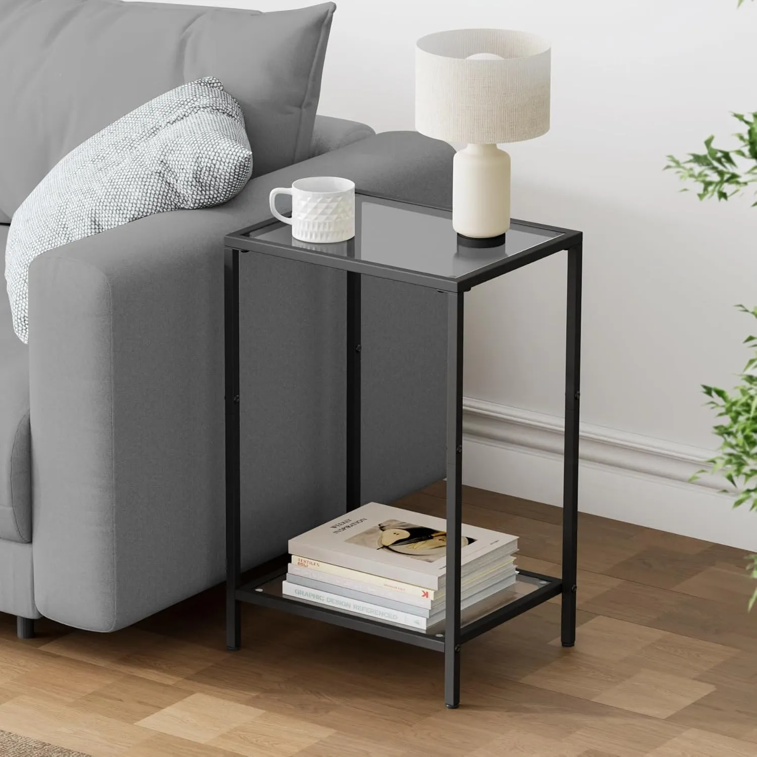Side Tables Set of 2, End Tables with Tempered Glass, 2-Tier Nightstands with Storage Shelves, Slim Sofa Tables for Living Room, Bedroom, Modern Style, 11.8" D x 15" W, Black