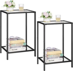Side Tables Set of 2, End Tables with Tempered Glass, 2-Tier Nightstands with Storage Shelves, Slim Sofa Tables for Living Room, Bedroom, Modern Style, 11.8" D x 15" W, Black