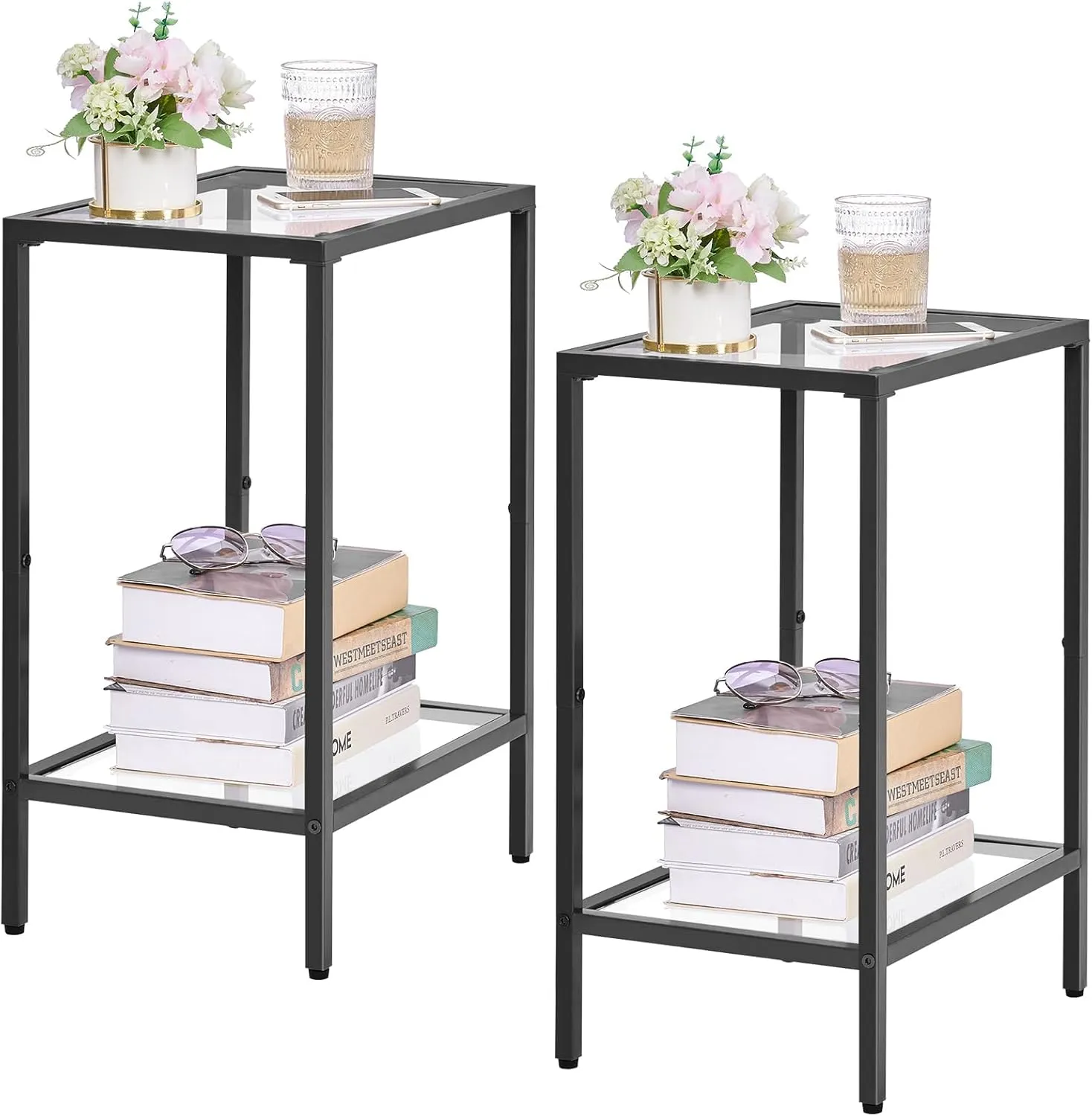 Side Tables Set of 2, End Tables with Tempered Glass, 2-Tier Nightstands with Storage Shelves, Slim Sofa Tables for Living Room, Bedroom, Modern Style, 11.8" D x 15" W, Black