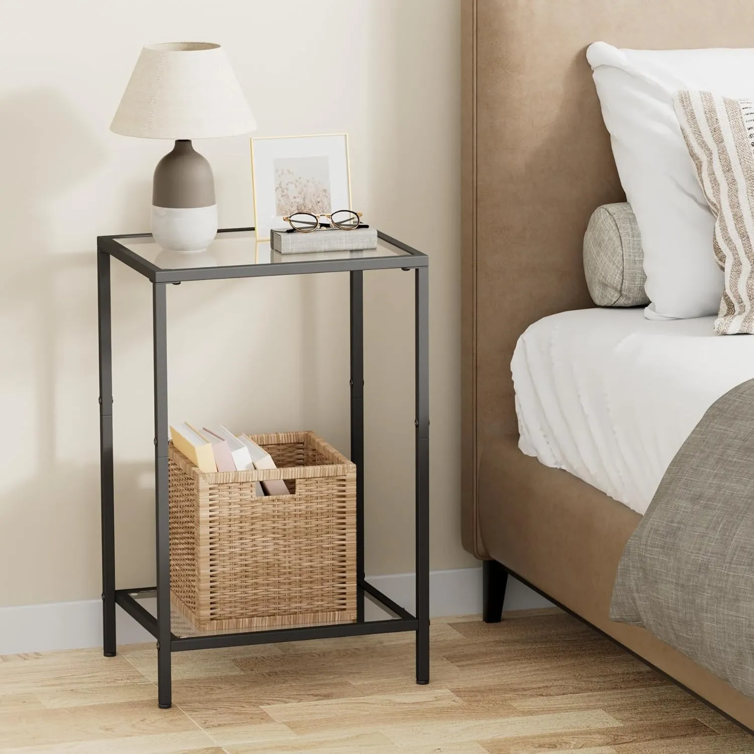 Side Tables Set of 2, End Tables with Tempered Glass, 2-Tier Nightstands with Storage Shelves, Slim Sofa Tables for Living Room, Bedroom, Modern Style, 11.8" D x 15" W, Black