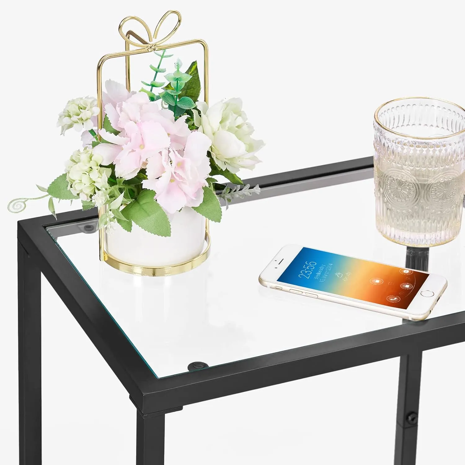 Side Tables Set of 2, End Tables with Tempered Glass, 2-Tier Nightstands with Storage Shelves, Slim Sofa Tables for Living Room, Bedroom, Modern Style, 11.8" D x 15" W, Black