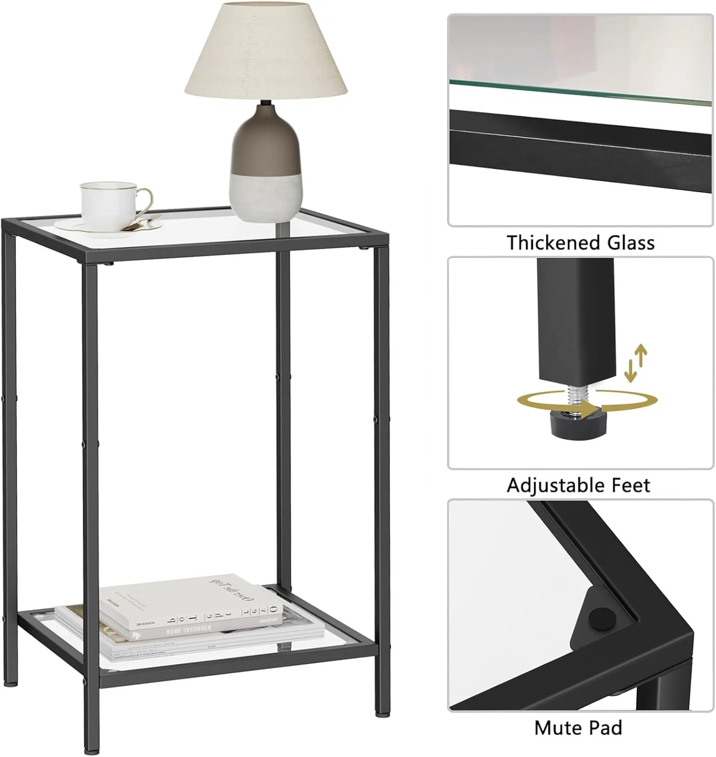 Side Tables Set of 2, End Tables with Tempered Glass, 2-Tier Nightstands with Storage Shelves, Slim Sofa Tables for Living Room, Bedroom, Modern Style, 11.8" D x 15" W, Black