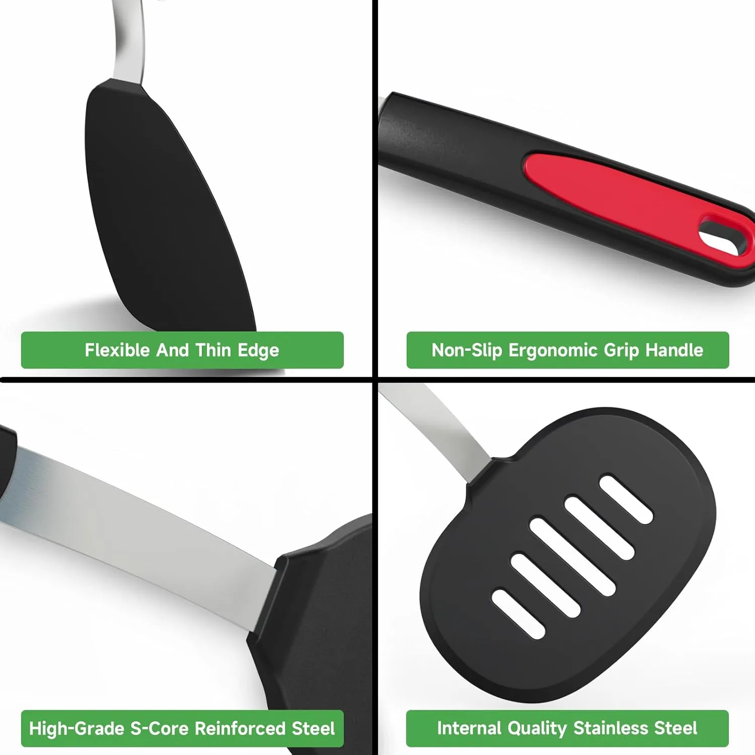 Silicone Spatula Turner Set of 4, GEEKHOM 600°F Heat Resistant Cooking Spatulas for Nonstick Cookware, Large Flexible Kitchen Utensils BPA Free Rubber Spatulas for Pancake, Eggs, Fish, Black