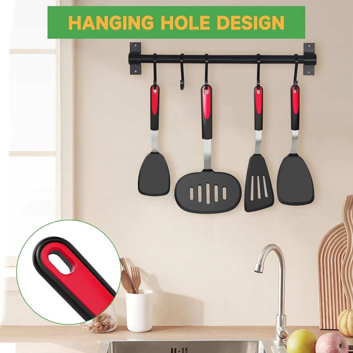 Silicone Spatula Turner Set of 4, GEEKHOM 600°F Heat Resistant Cooking Spatulas for Nonstick Cookware, Large Flexible Kitchen Utensils BPA Free Rubber Spatulas for Pancake, Eggs, Fish, Black