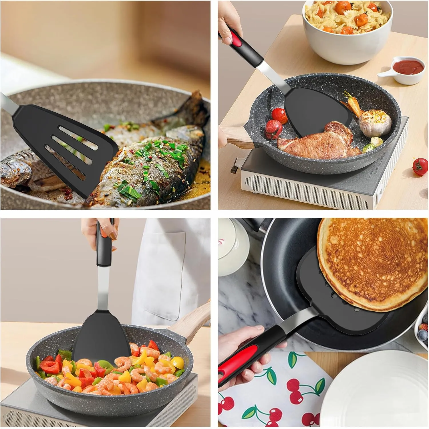 Silicone Spatula Turner Set of 4, GEEKHOM 600°F Heat Resistant Cooking Spatulas for Nonstick Cookware, Large Flexible Kitchen Utensils BPA Free Rubber Spatulas for Pancake, Eggs, Fish, Black