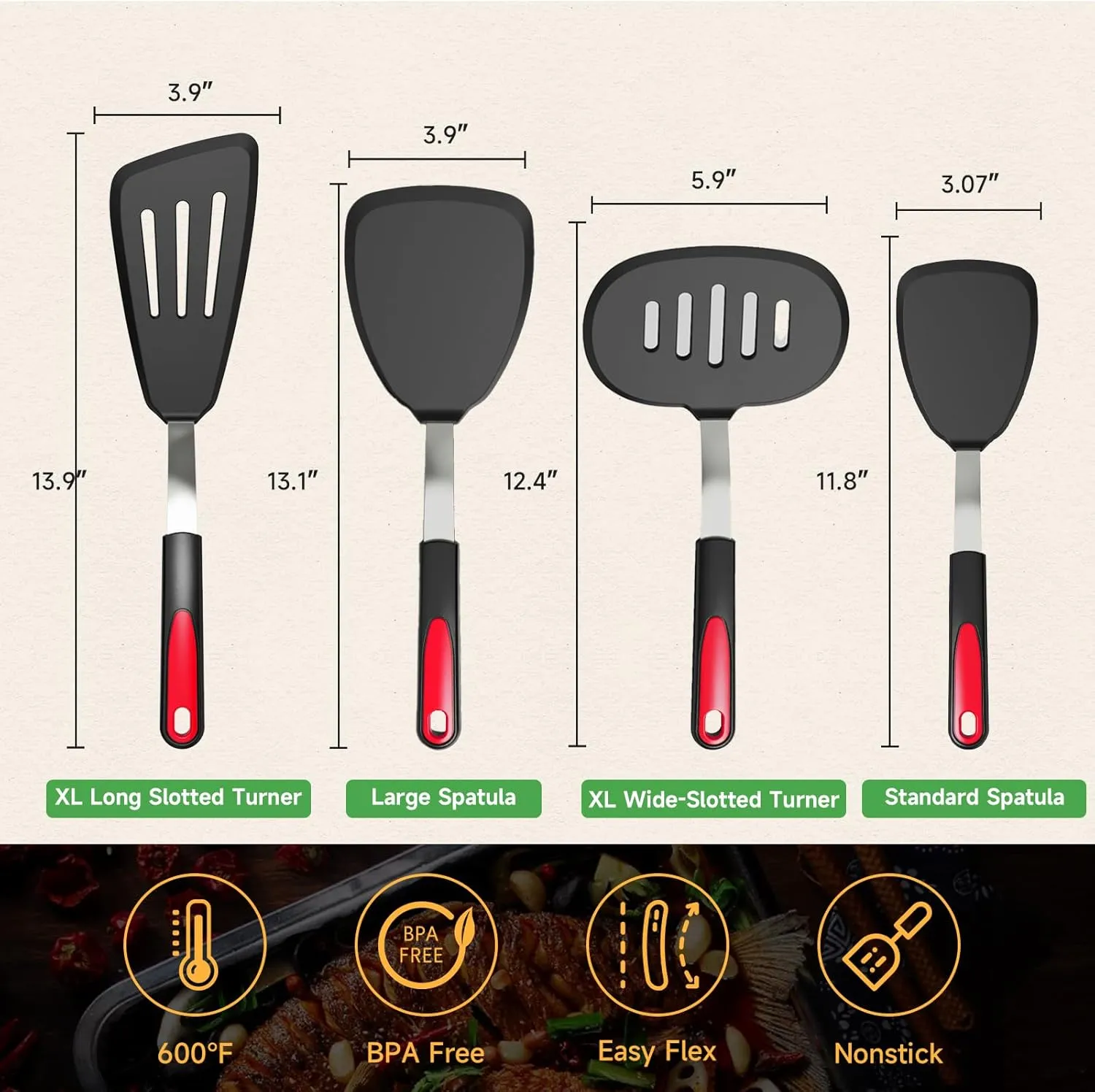 Silicone Spatula Turner Set of 4, GEEKHOM 600°F Heat Resistant Cooking Spatulas for Nonstick Cookware, Large Flexible Kitchen Utensils BPA Free Rubber Spatulas for Pancake, Eggs, Fish, Black