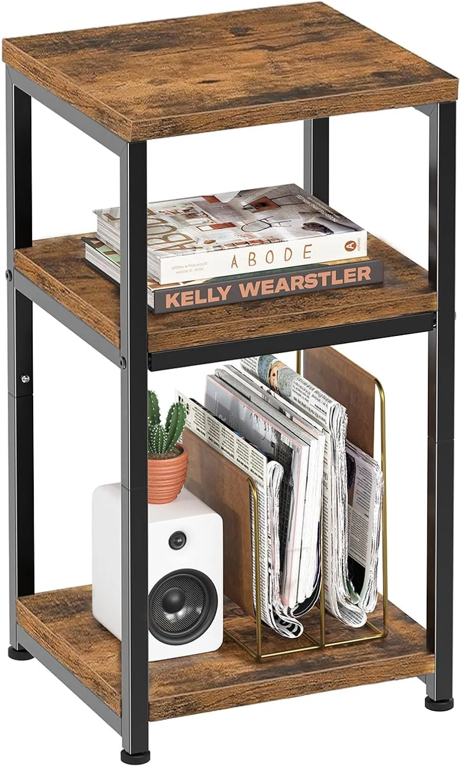 Simple Trending 3 Tier End Table, Side Table Sofa Couch Table, Tall Night Stand Storage Shelf for Living Room, Rustic Brown