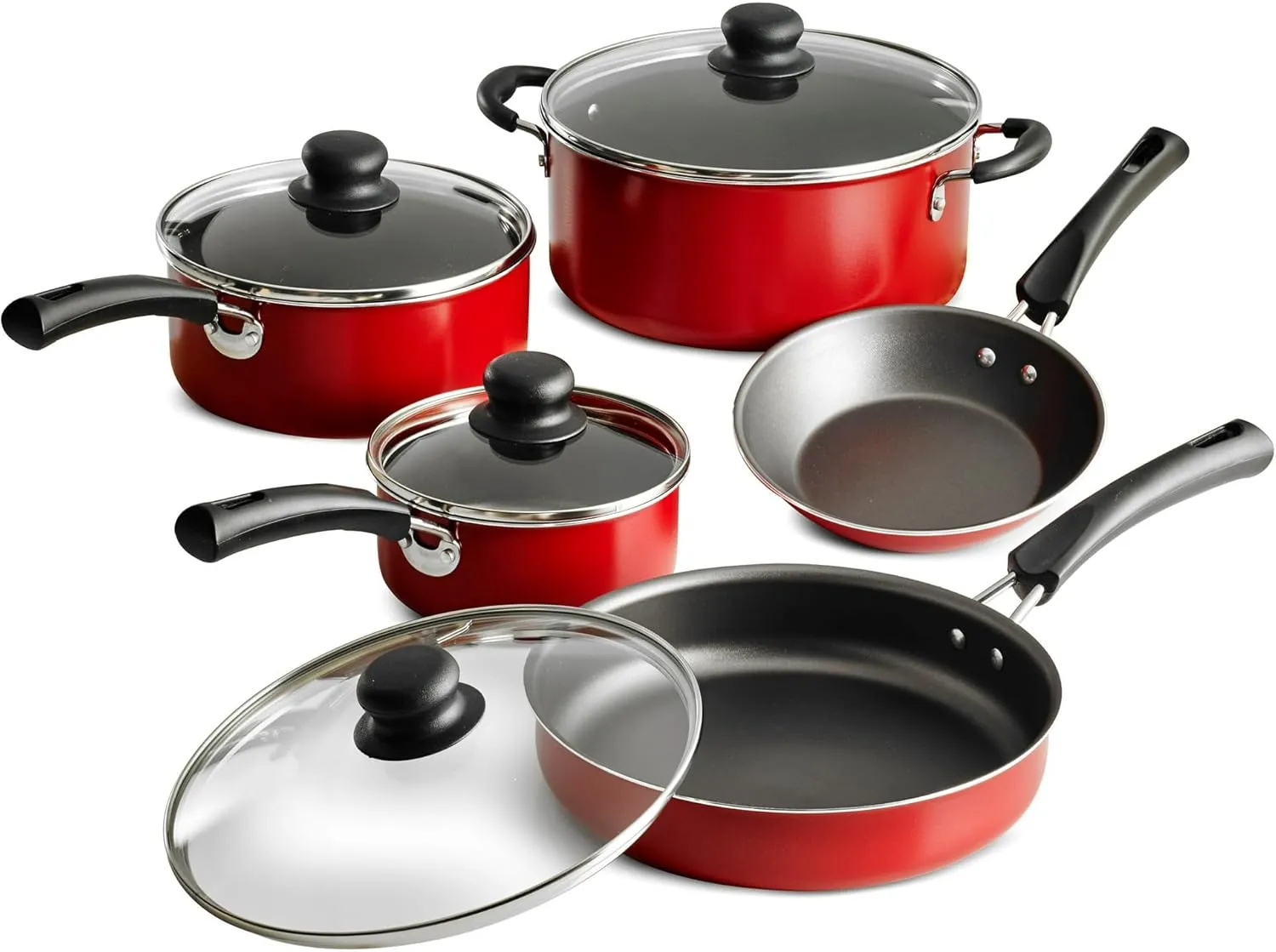 SionS 9-Piece Non-Stick Cookware Set, Stay-Cool Handles and Heat Shatter-Resistant Tempered Glass Lids, Pots and Pans (Red), SY337