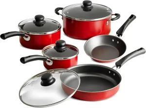SionS 9-Piece Non-Stick Cookware Set, Stay-Cool Handles and Heat Shatter-Resistant Tempered Glass Lids, Pots and Pans (Red), SY337