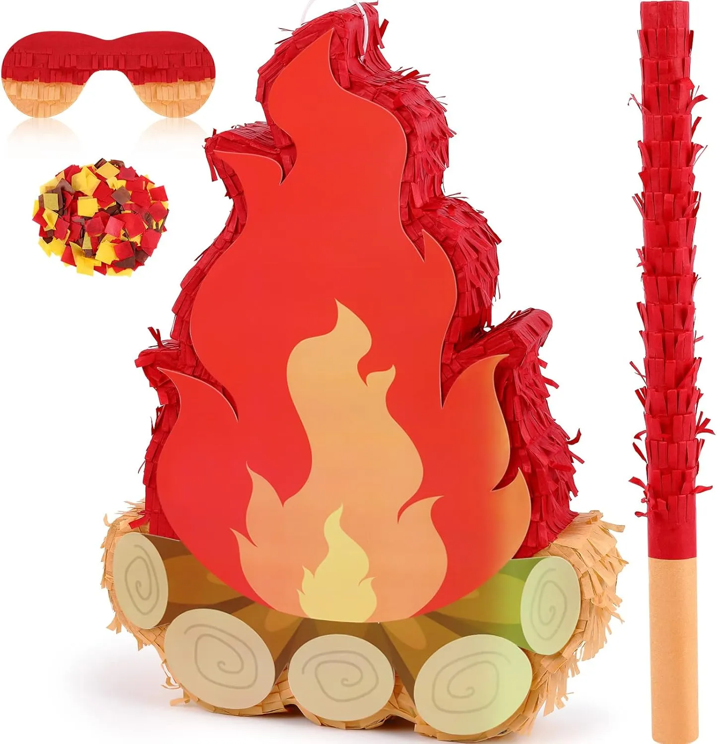Small Camping Campfire Piñata Fake Flame Party Birthday Party Decoration Camping Adventure Baby Shower Photo Props with Wooden Stick Paper Confetti Set for Kids Boys and Girls,16.1 x 10.2 x 2.8 Inch