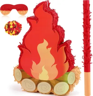 Small Camping Campfire Piñata Fake Flame Party Birthday Party Decoration Camping Adventure Baby Shower Photo Props with Wooden Stick Paper Confetti Set for Kids Boys and Girls,16.1 x 10.2 x 2.8 Inch