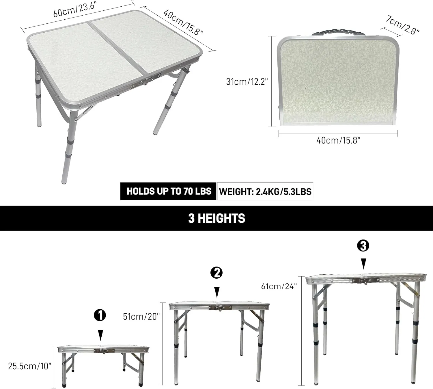 Small Folding Camping Table, Aluminum 2FT Adjustable Height Portable Table, Lightweight Compact Fold Up Table for Indoor Outdoor Camp Picnic, Beach, BBQ, Garden, Dining, Cooking, Party, RV