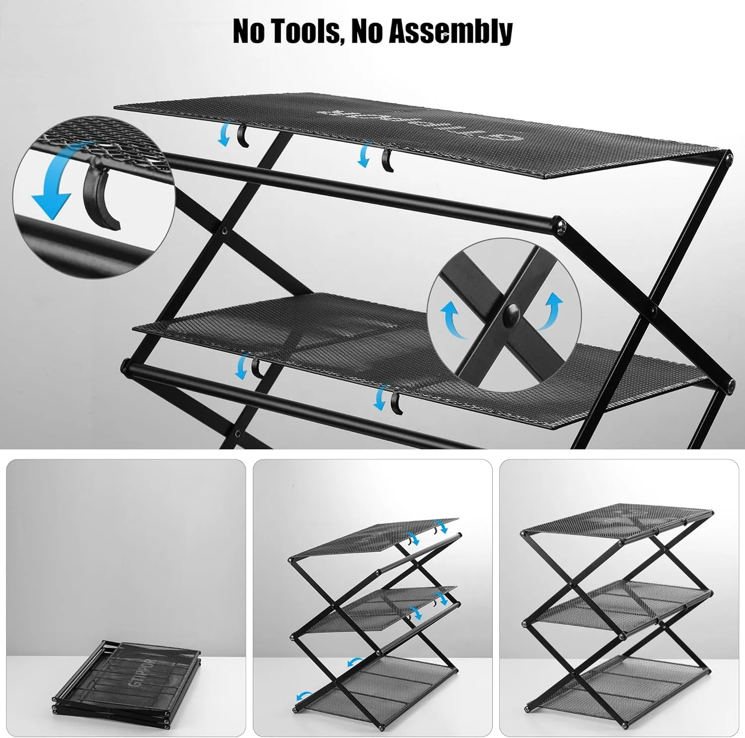 Small Shoe Rack for Entryway - 3 Tier Shoe Organizer Metal Foldable Shoes Storage Rack, Zero Tool Install, Sturdy Shoe Rack for Closet, Front Door Entrance, Living Room - Space Saving, Black