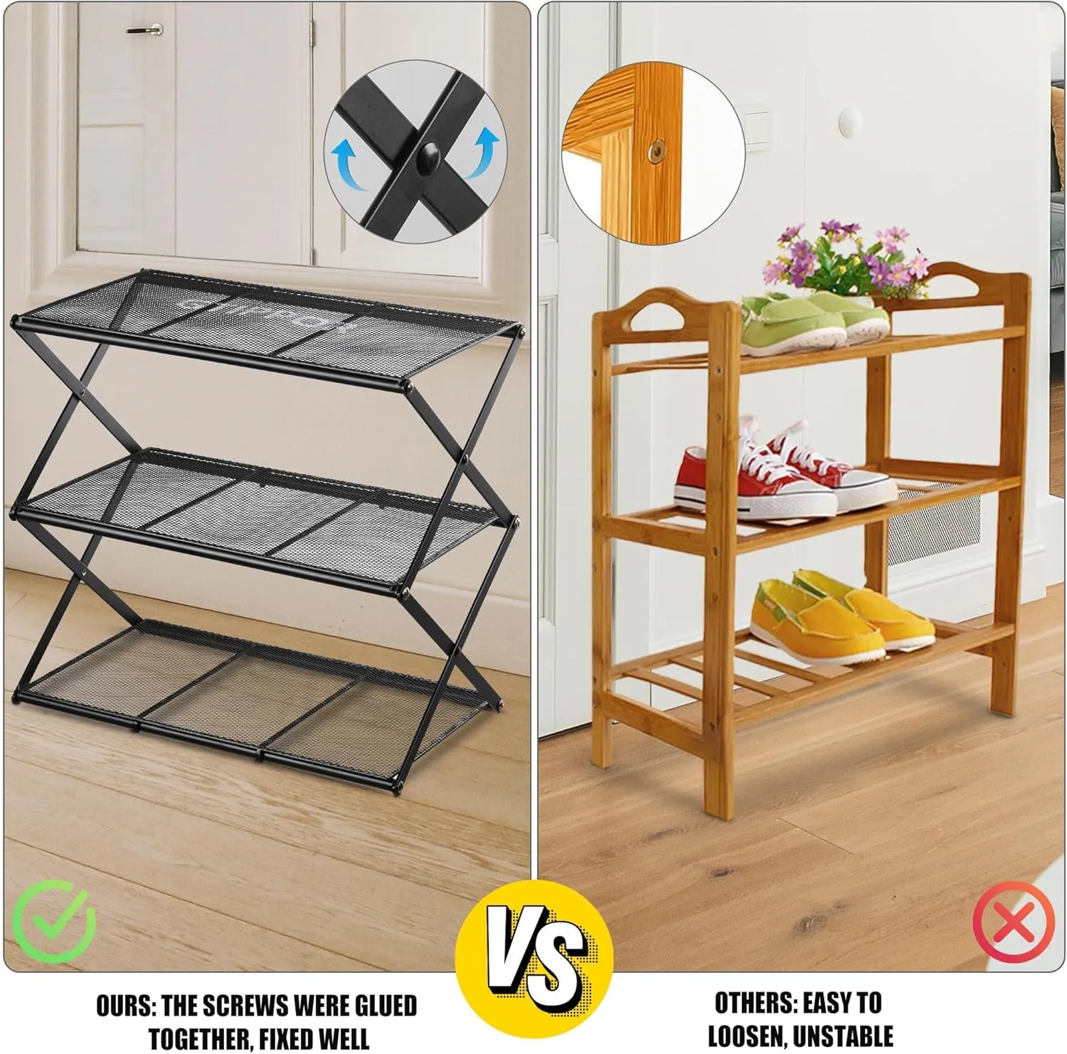 Small Shoe Rack for Entryway - 3 Tier Shoe Organizer Metal Foldable Shoes Storage Rack, Zero Tool Install, Sturdy Shoe Rack for Closet, Front Door Entrance, Living Room - Space Saving, Black
