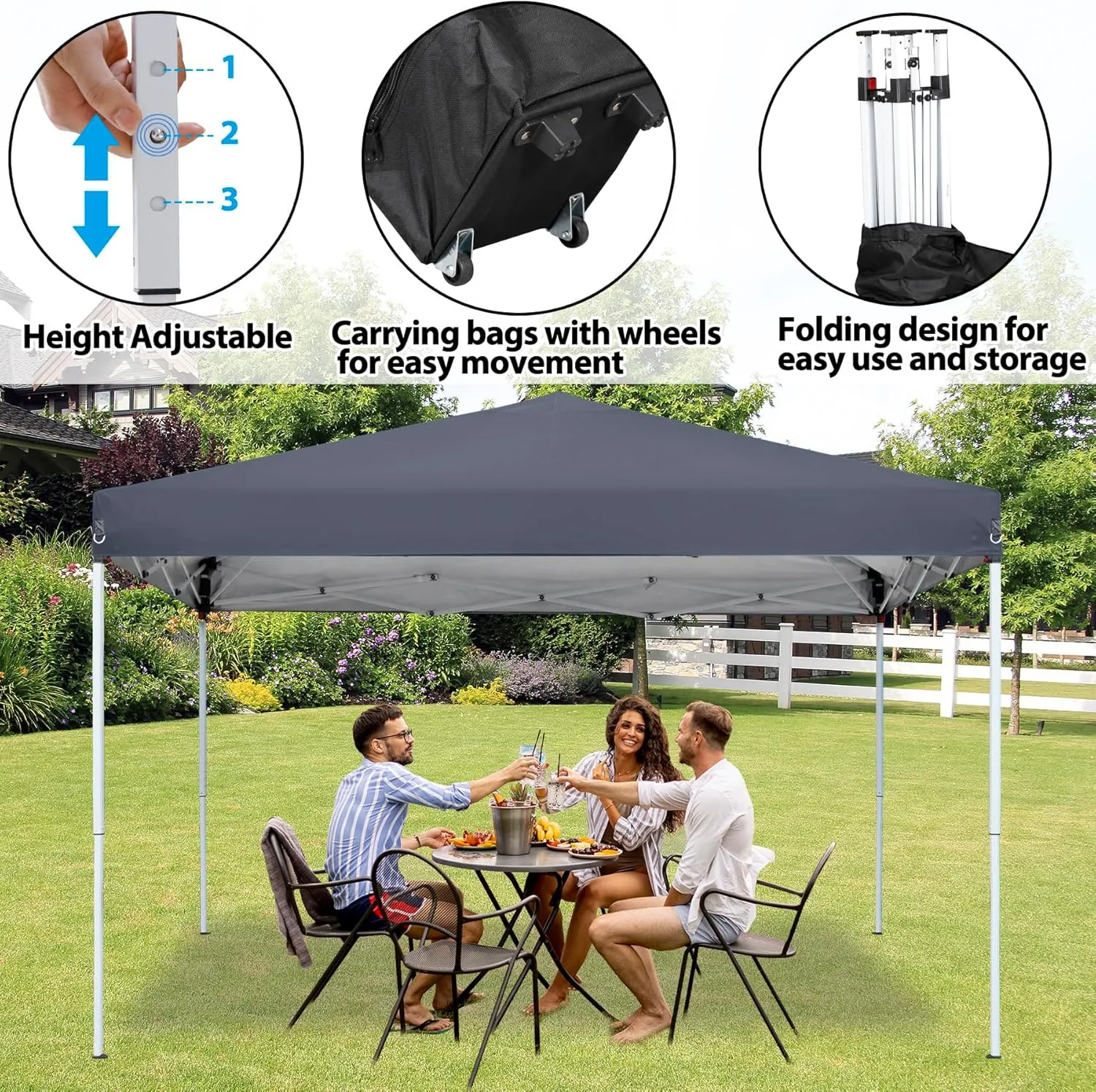 Smartxchoices 10 x 10 FT Pop Up Canopy Tent - Instant Outdoor Folding Canopy w/Wheeled Carry Bag, 4 Ropes, Straight Legs, Stakes,Height Adjustable Outdoor Tent Sun Protection Beach Shelter Dark Gray
