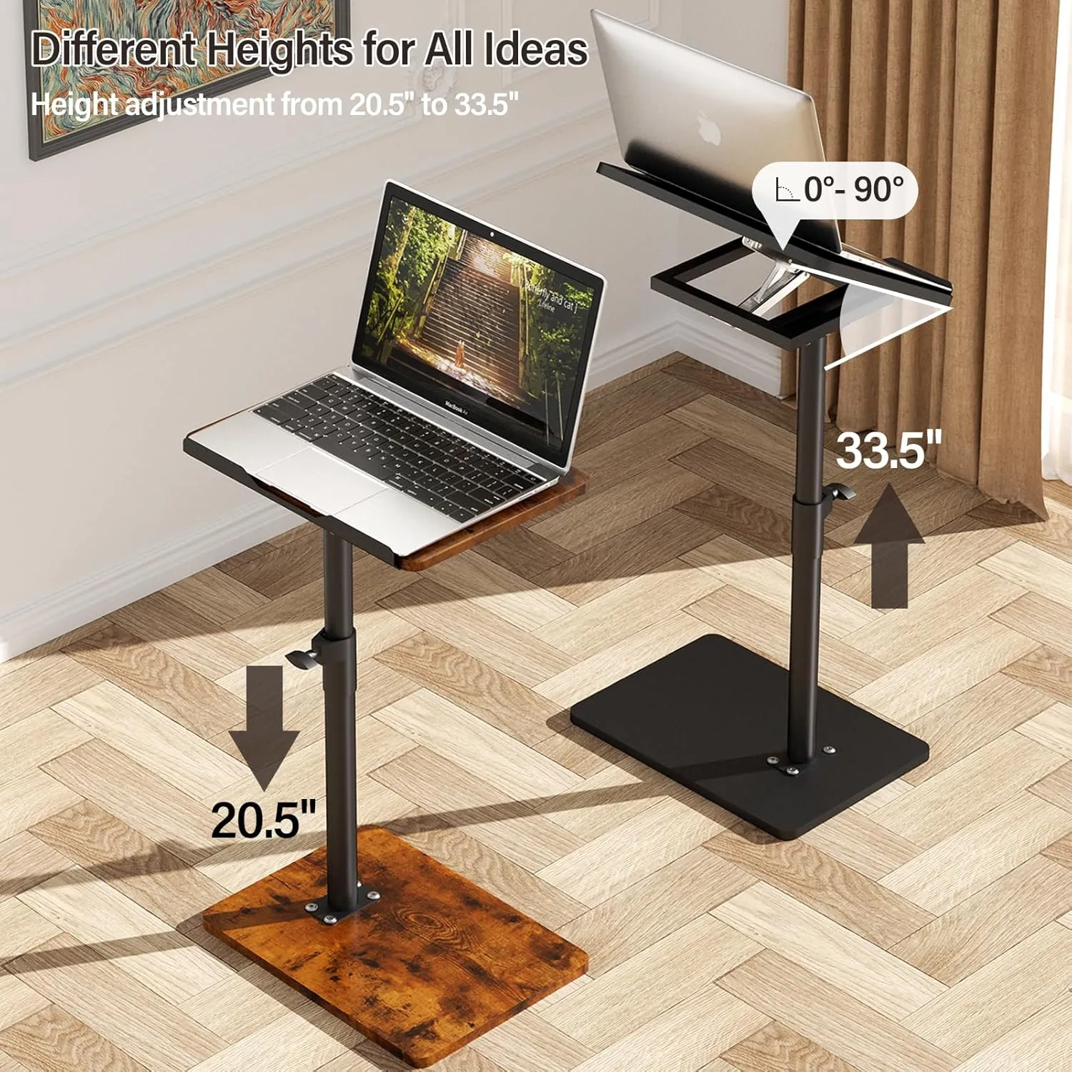 Sofa Armrest Tray Table for Couch - 360° Swivel Height Adjustable End for Small Spaces, Snack Side Table for Bed or Chair with Phone & Tablet Slot (Rich,Angle Adjustable)