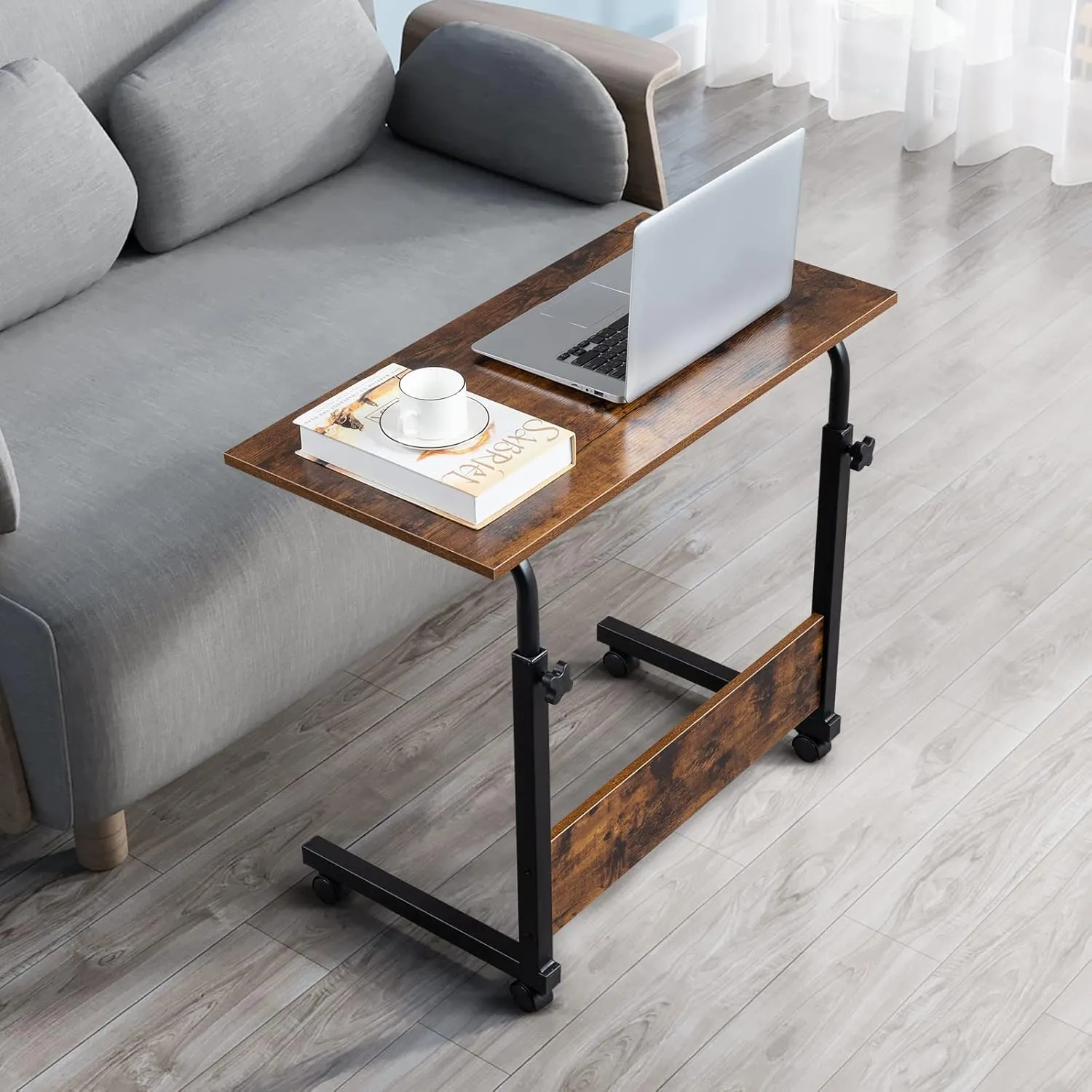 Sofa Side Table Desk with Wheels, Tray Table Portable Side Table for Bed, Table Laptop Cart, Height Adjustable Coffee Snack Table for Living Room, Bedroom, The Study, 31.5" L X 16" W, Brown