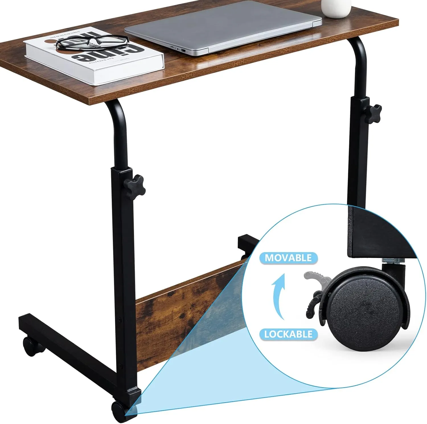 Sofa Side Table Desk with Wheels, Tray Table Portable Side Table for Bed, Table Laptop Cart, Height Adjustable Coffee Snack Table for Living Room, Bedroom, The Study, 31.5" L X 16" W, Brown